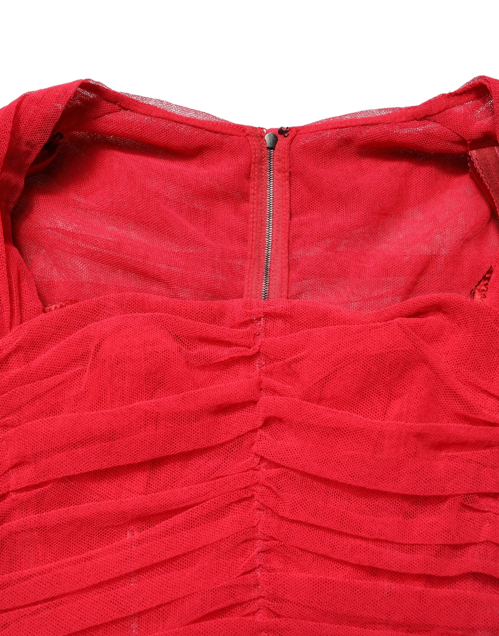 Dolce & Gabbana Red Cotton Ruched Stretch Tulle Midi Women's Dress (Pre-Owned)