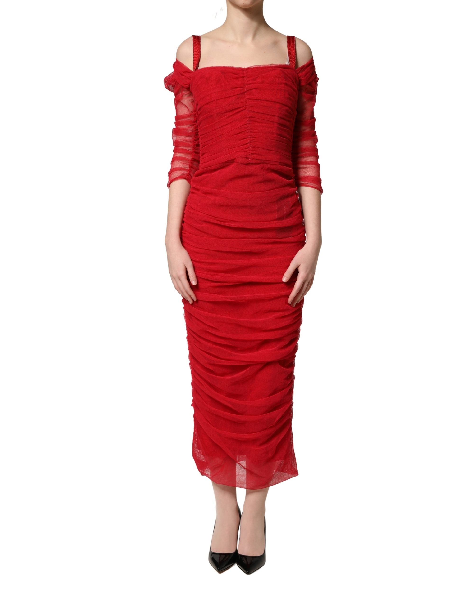 Dolce & Gabbana Red Cotton Ruched Stretch Tulle Midi Women's Dress (Pre-Owned)