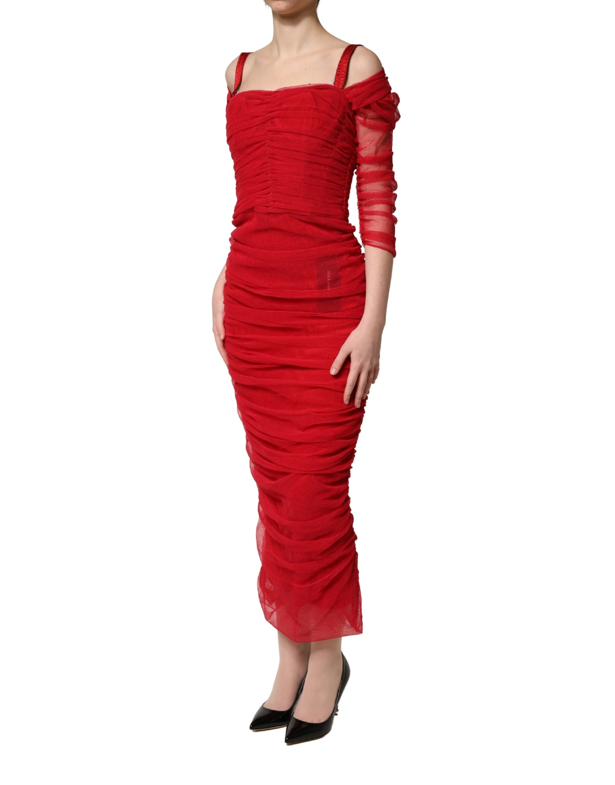 Dolce & Gabbana Red Cotton Ruched Stretch Tulle Midi Women's Dress (Pre-Owned)