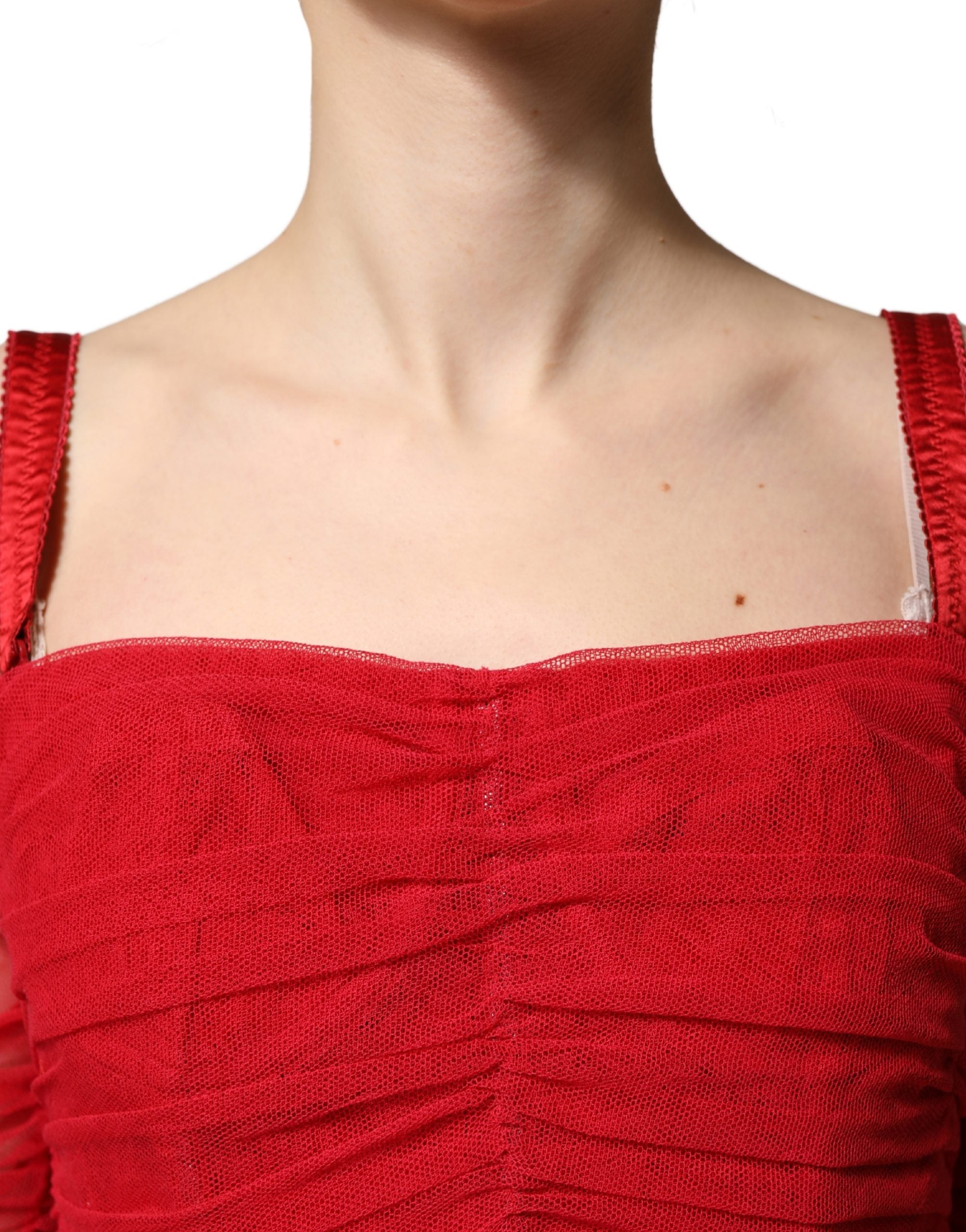 Dolce & Gabbana Red Cotton Ruched Stretch Tulle Midi Women's Dress (Pre-Owned)