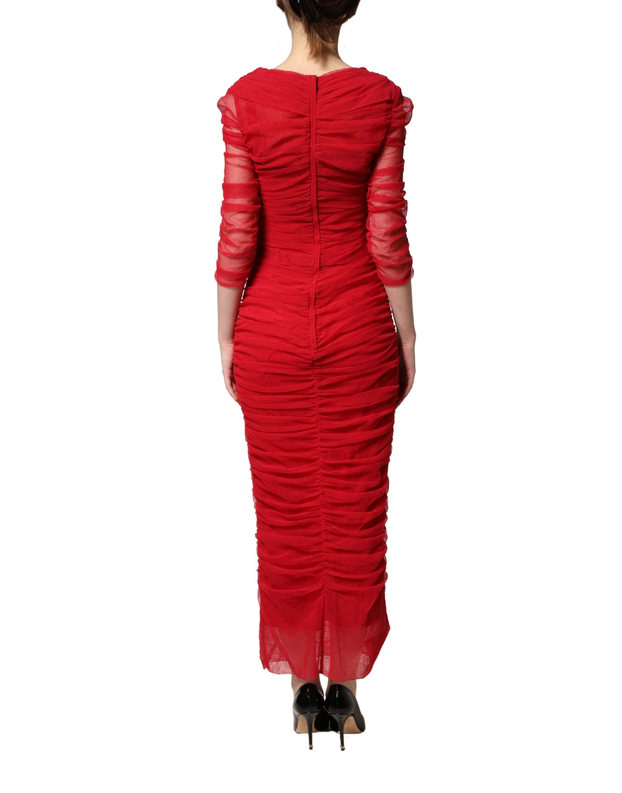 Dolce & Gabbana Red Cotton Ruched Stretch Tulle Midi Women's Dress (Pre-Owned)