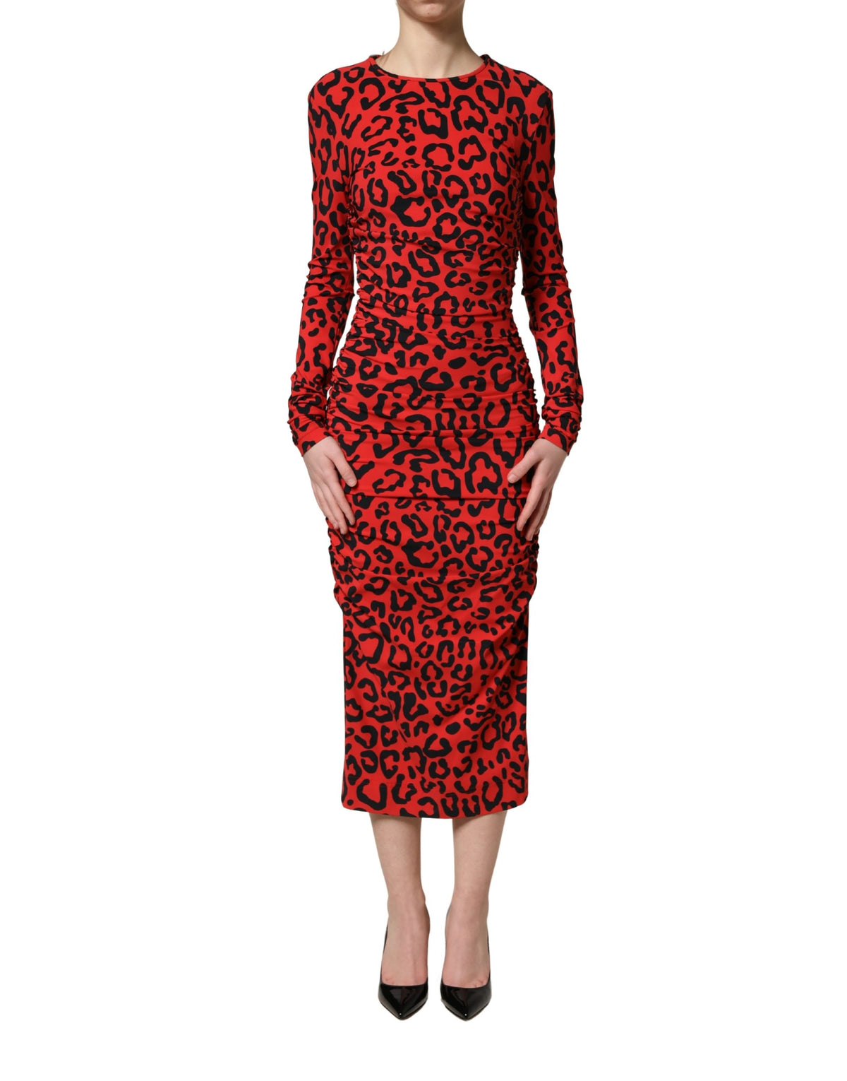 Dolce & Gabbana Red Leopard Print Long Sleeves Midi Women's Dress