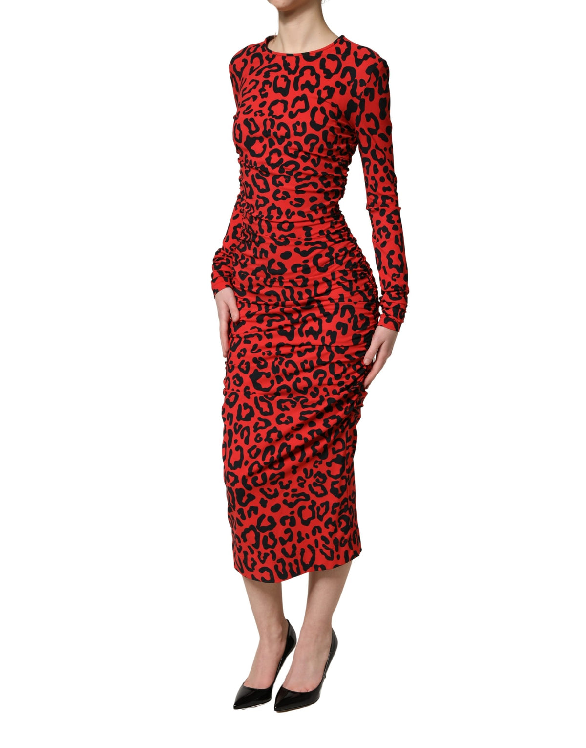 Dolce & Gabbana Red Leopard Print Long Sleeves Midi Women's Dress
