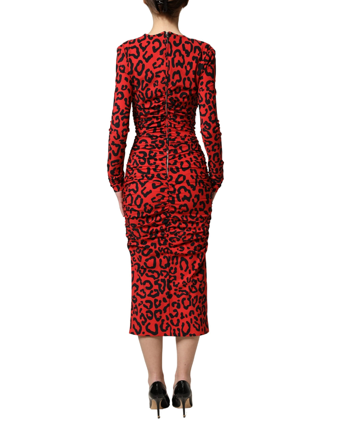 Dolce & Gabbana Red Leopard Print Long Sleeves Midi Women's Dress