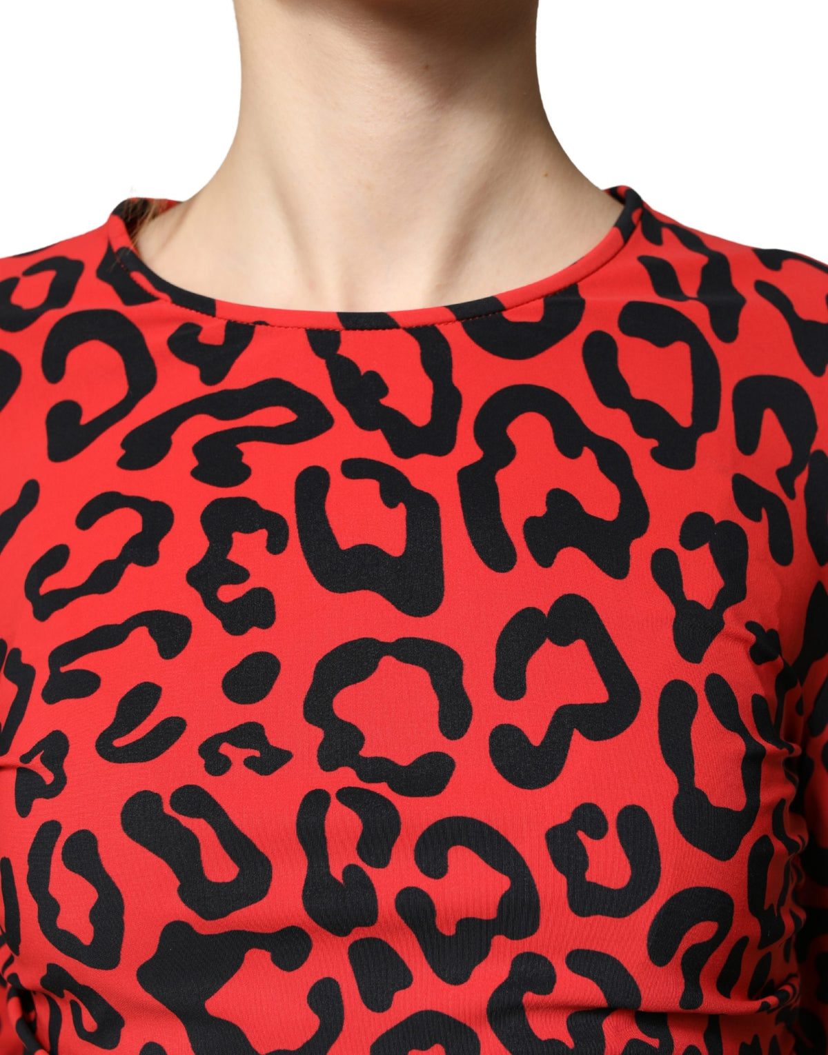 Dolce & Gabbana Red Leopard Print Long Sleeves Midi Women's Dress