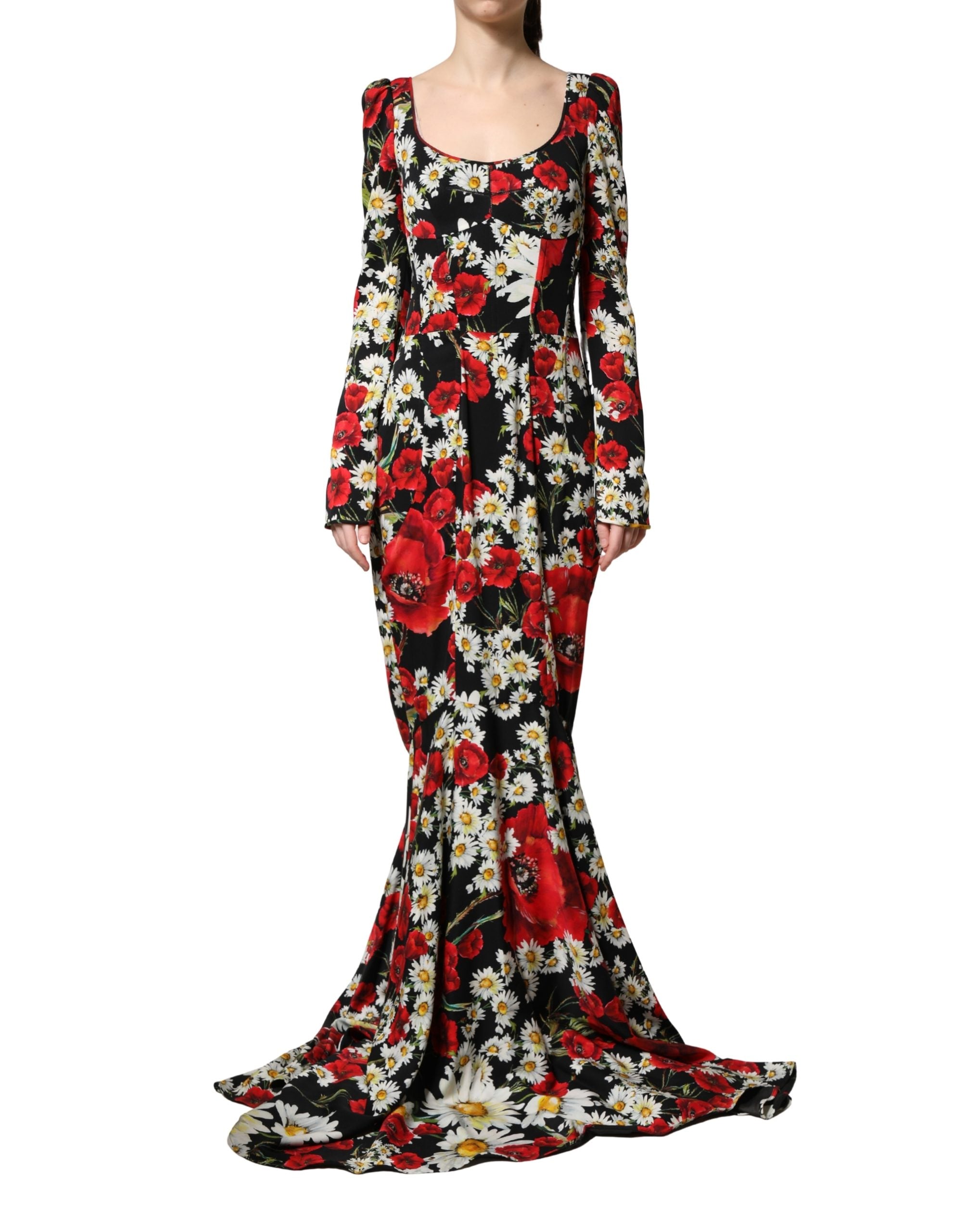 Dolce & Gabbana Black Floral Silk Long Sleeves Gown Women's Dress