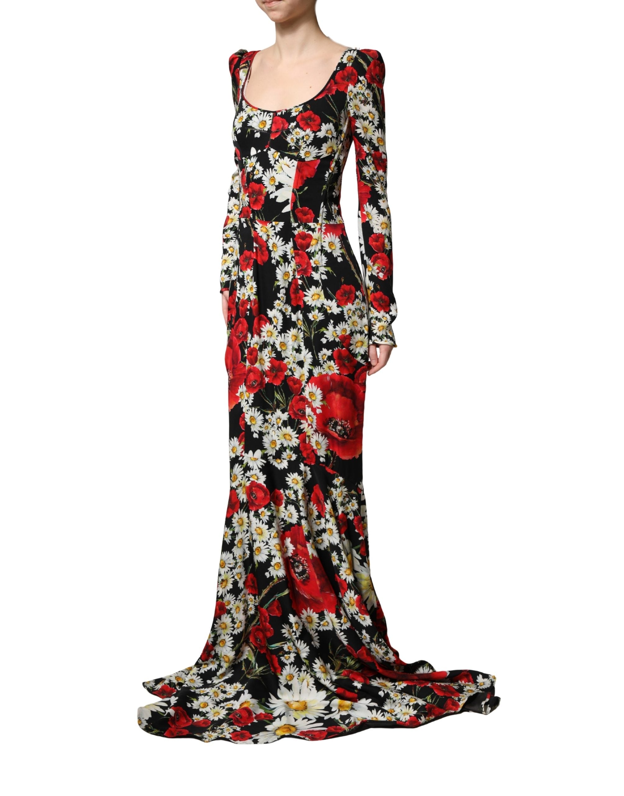 Dolce & Gabbana Black Floral Silk Long Sleeves Gown Women's Dress
