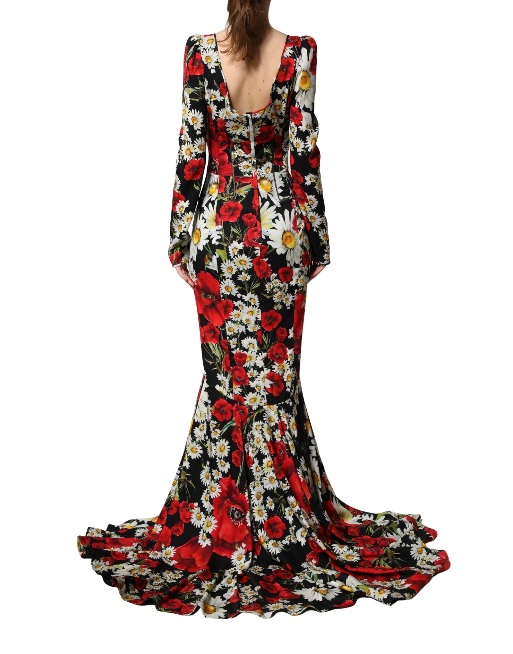 Dolce & Gabbana Black Floral Silk Long Sleeves Gown Women's Dress