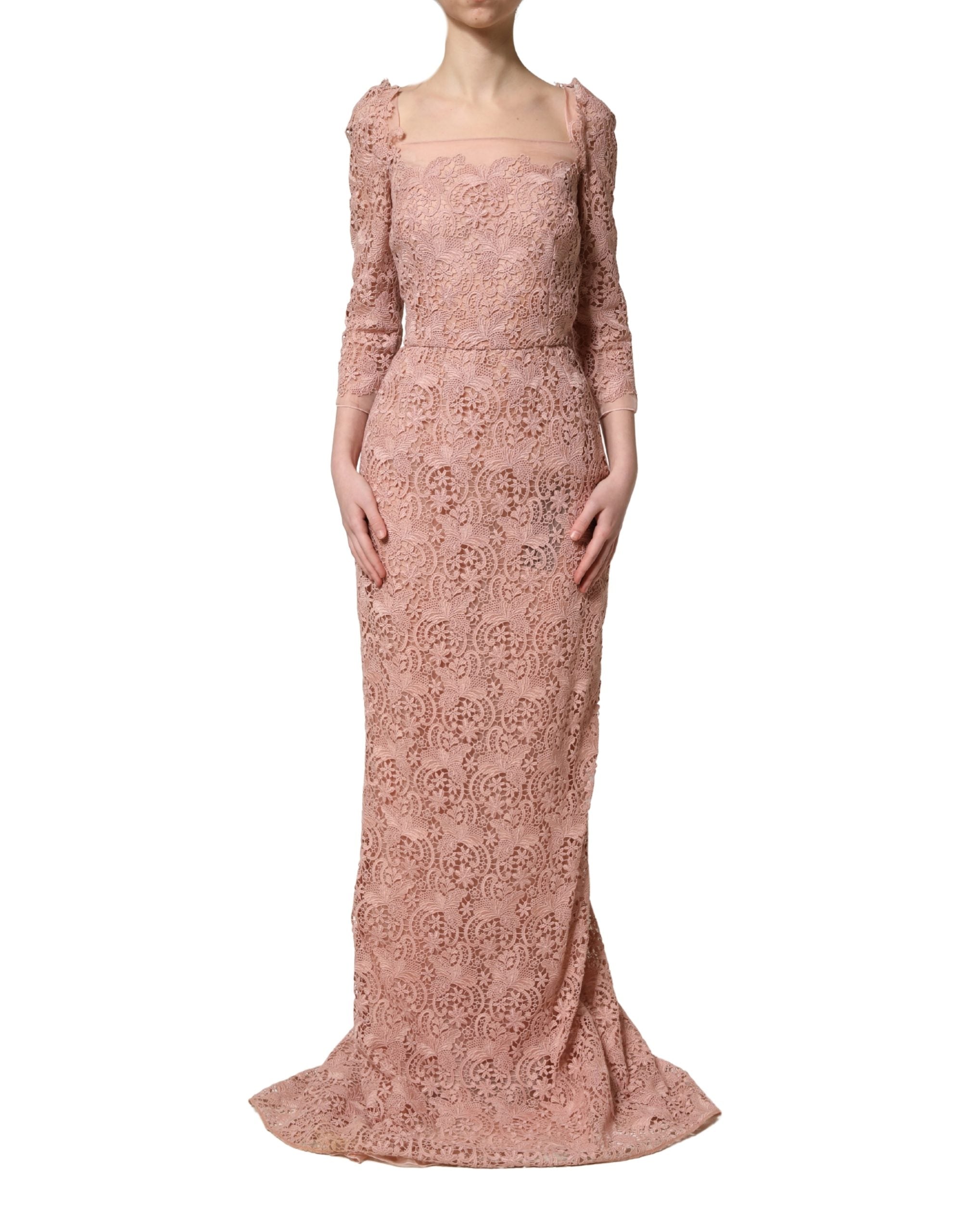 Dolce & Gabbana Pink Lace Long-Sleeved Evening Gown Women's Dress
