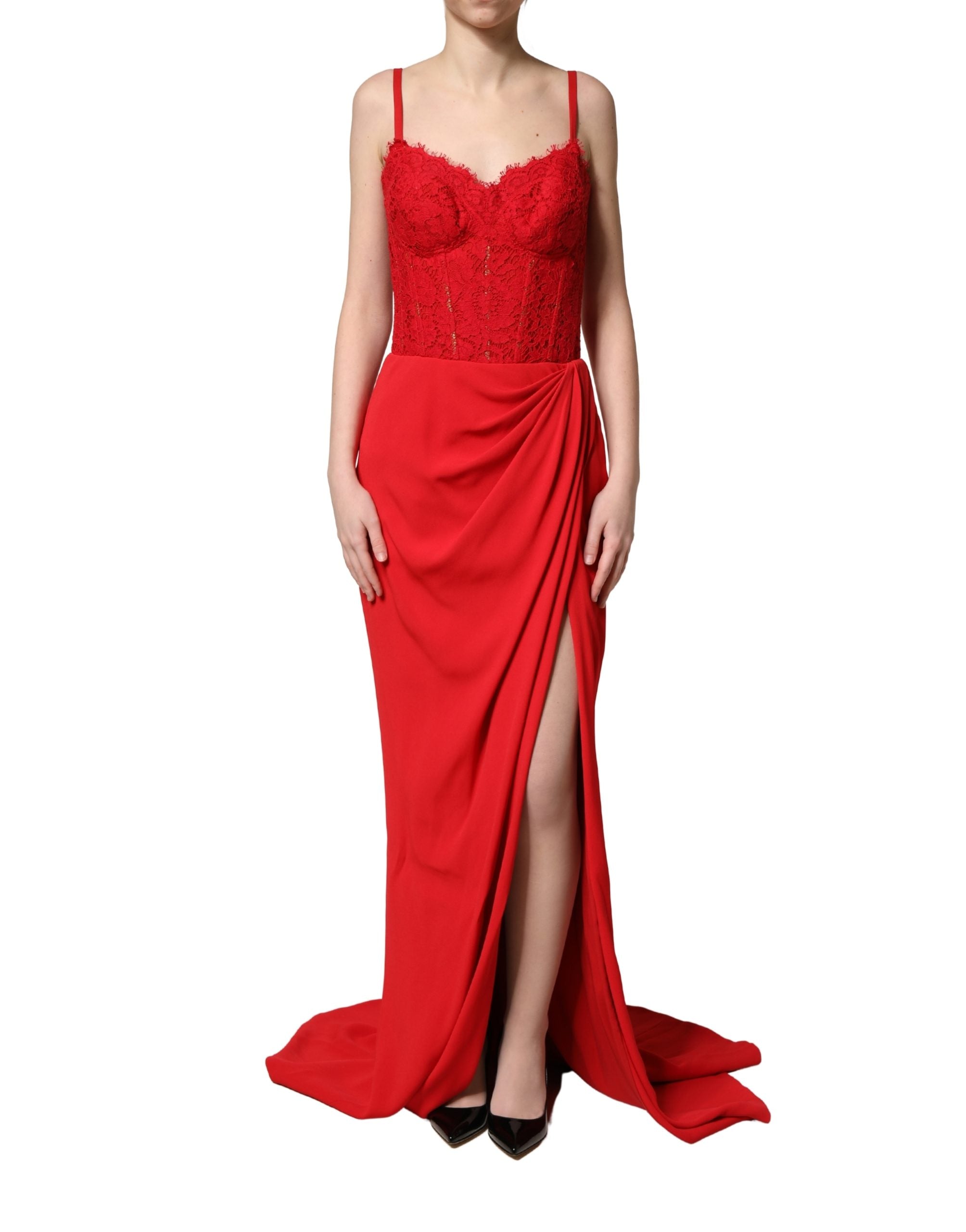 Dolce & Gabbana Red Corset Lace Bodice Draped Long Gown Women's Dress (Pre-Owned)