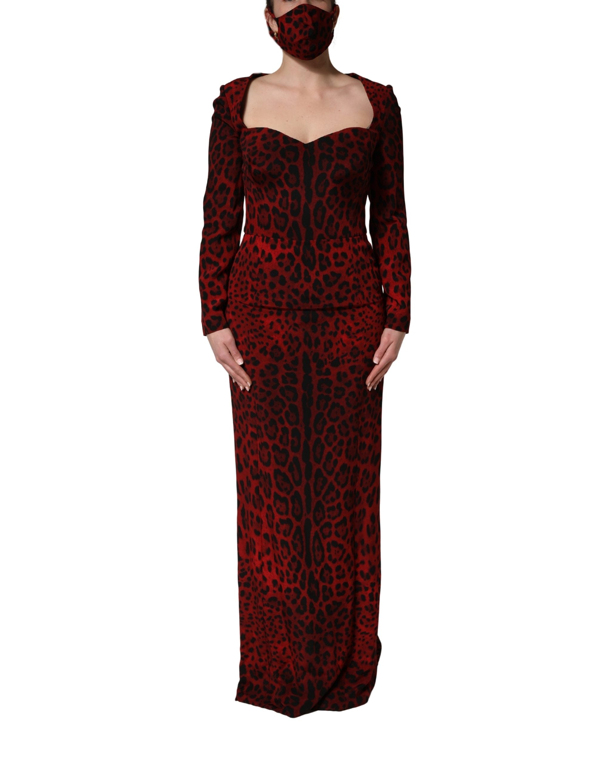 Dolce & Gabbana Red Leopard Print Sheath Long Sleeve Women's Dress
