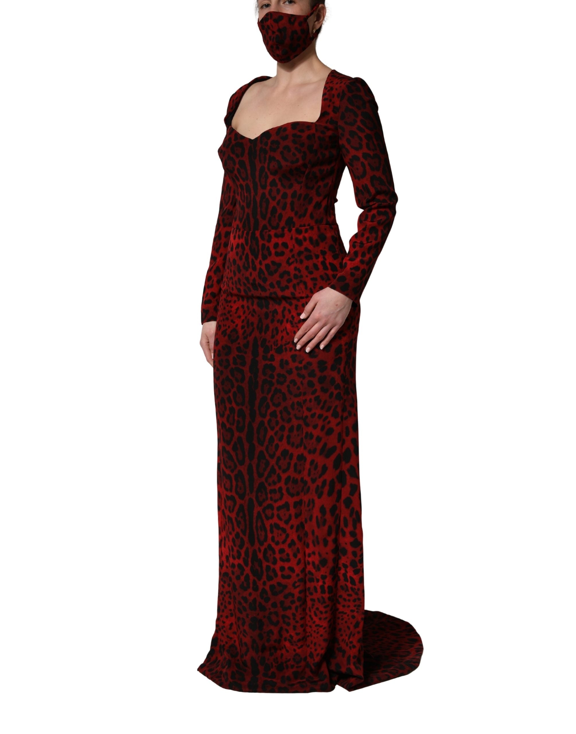 Dolce & Gabbana Red Leopard Print Sheath Long Sleeve Women's Dress