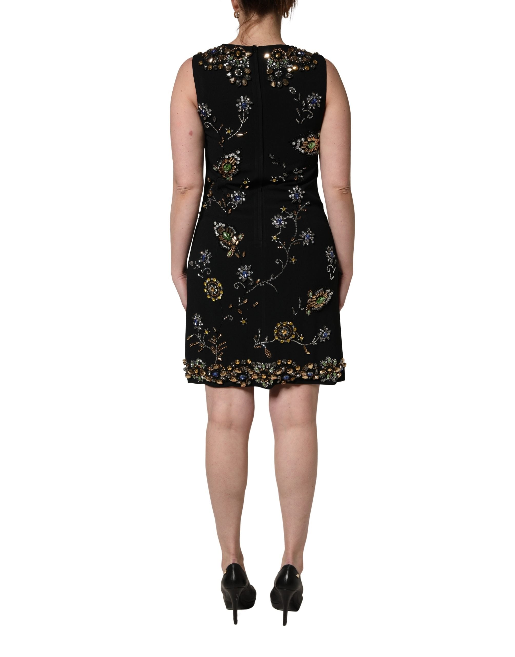 Dolce & Gabbana Black Sleeveless Floral Bead Embellishments Women's Dress