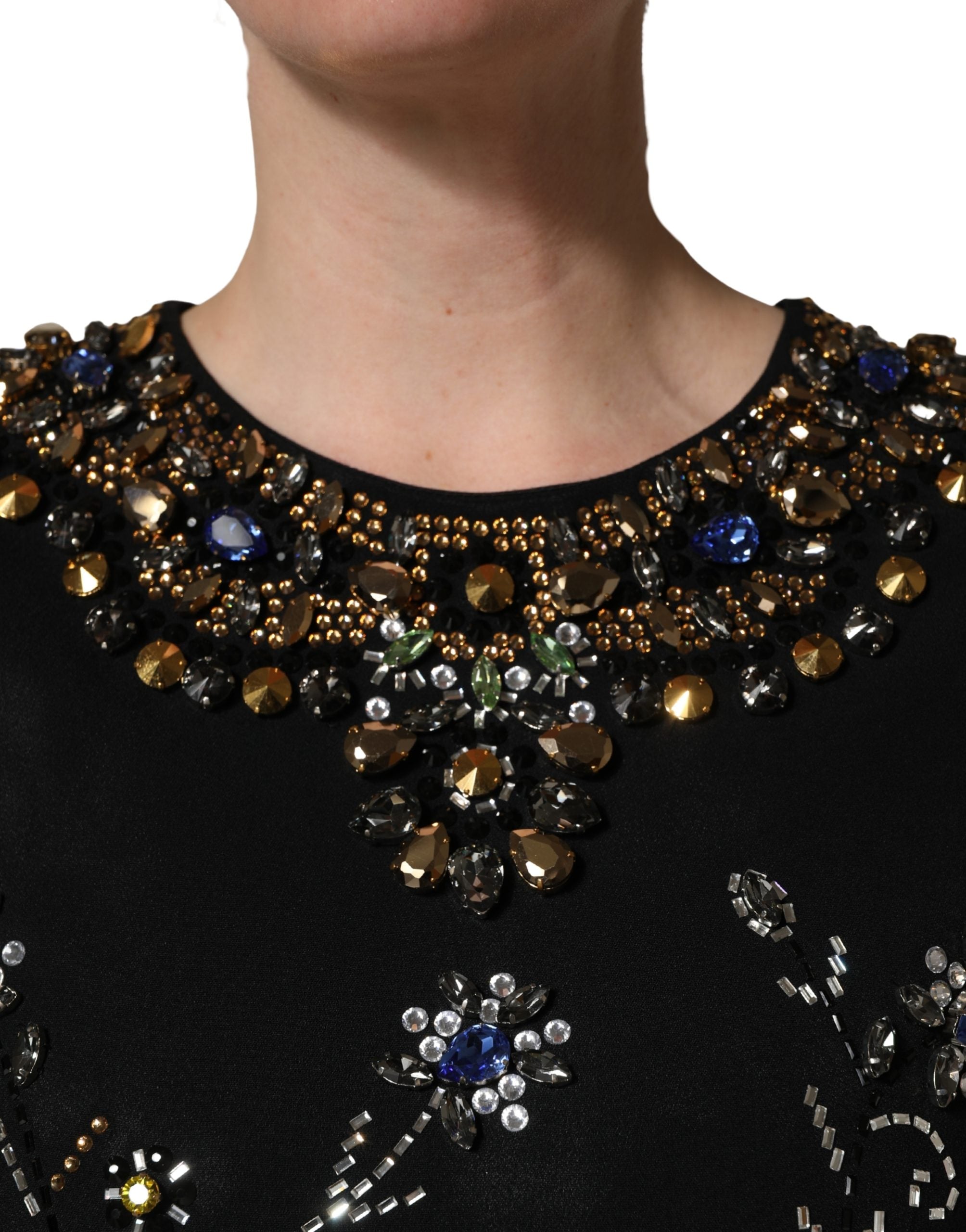 Dolce & Gabbana Black Sleeveless Floral Bead Embellishments Women's Dress