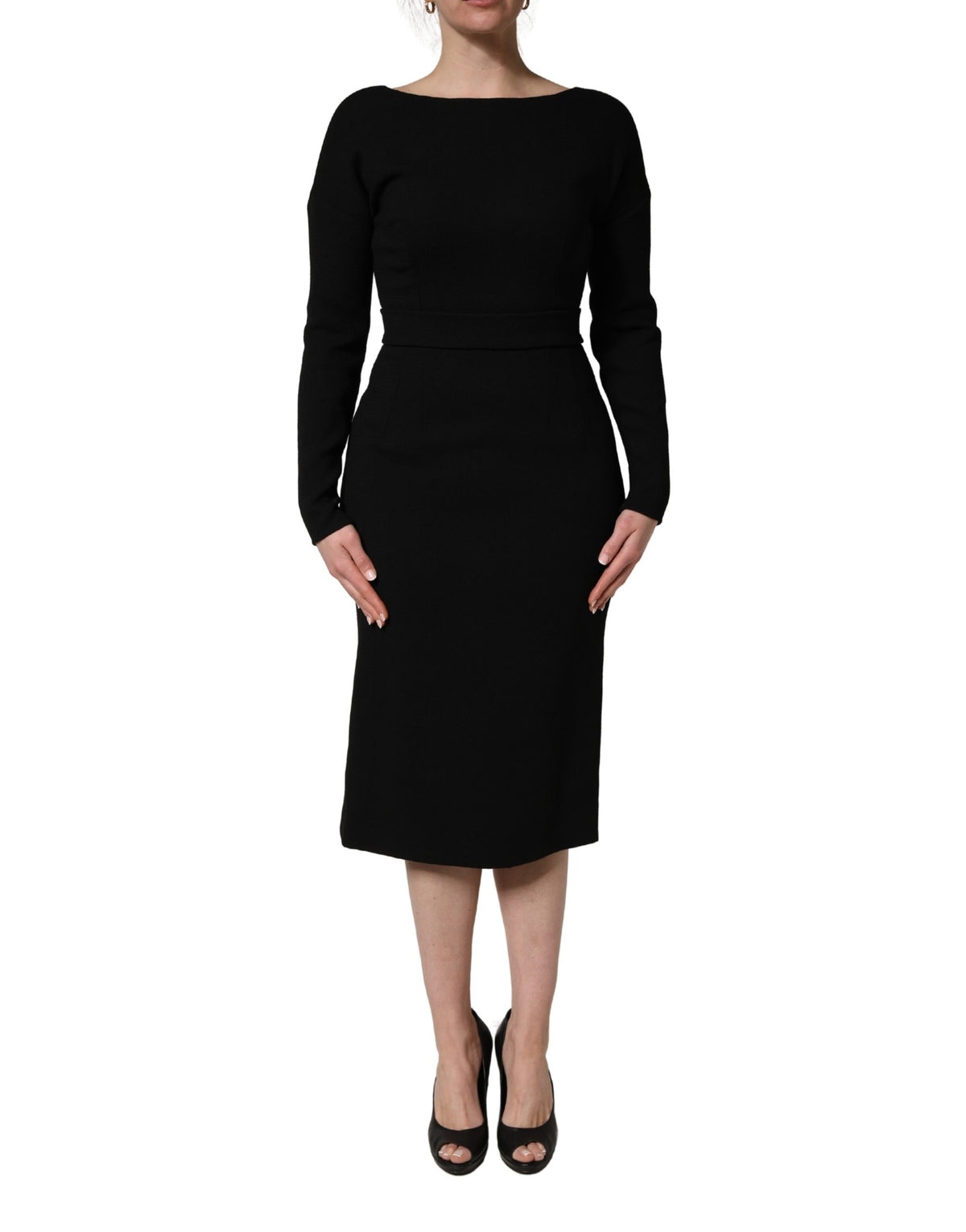 Dolce & Gabbana Black Wool Crepe Long Sleeves Midi Women's Dress