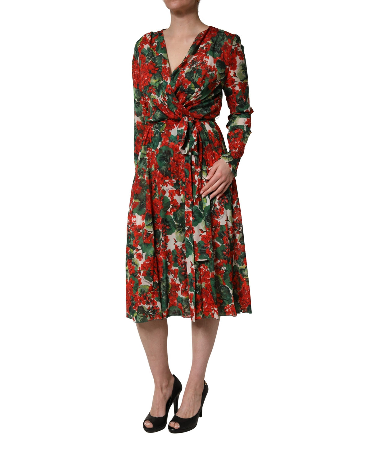 Dolce & Gabbana Multicolor Floral Long Sleeves V-neck Women's Dress (Pre-Owned)