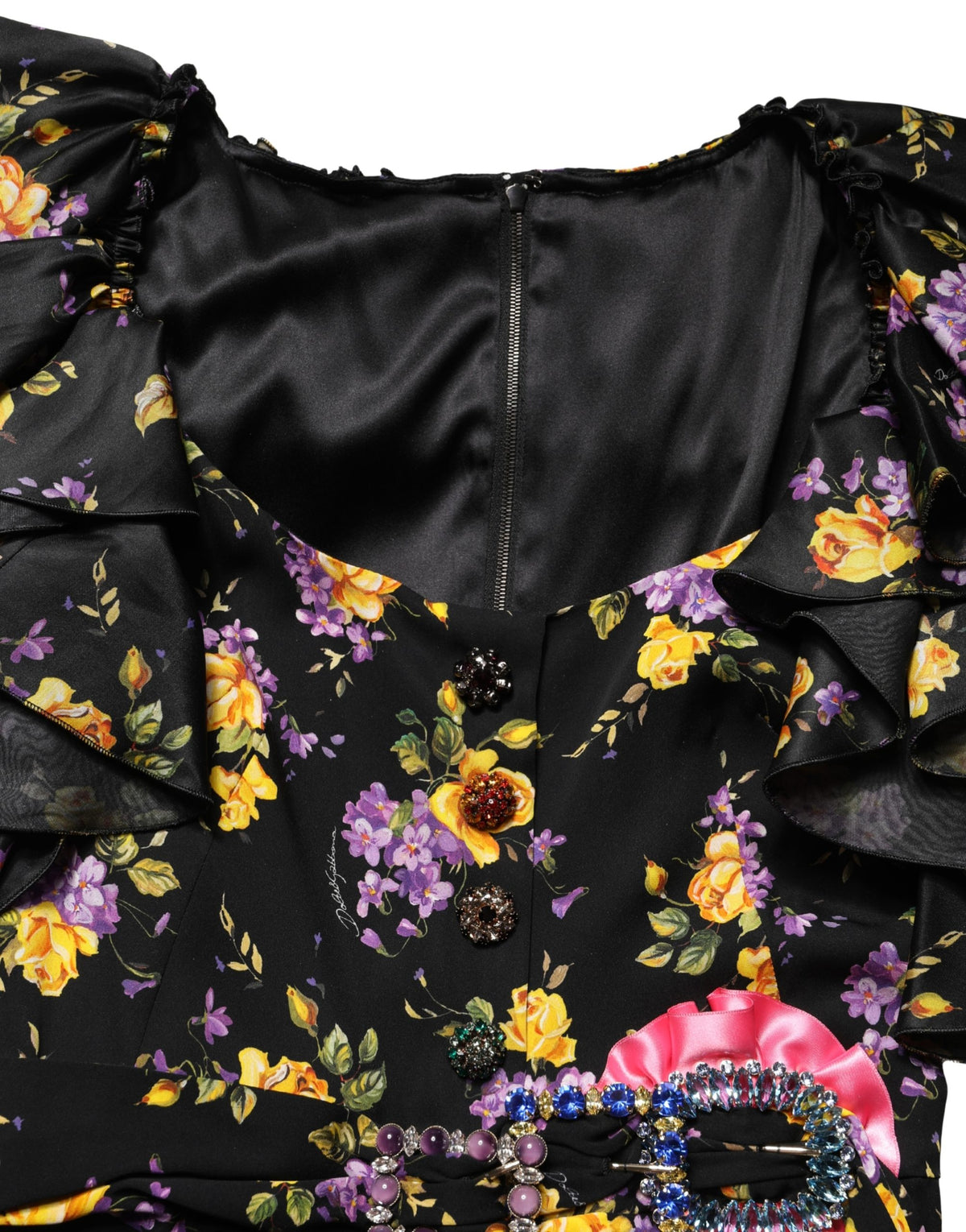 Dolce & Gabbana Black Purple Crystal Brooch Silk Midi Women's Dress