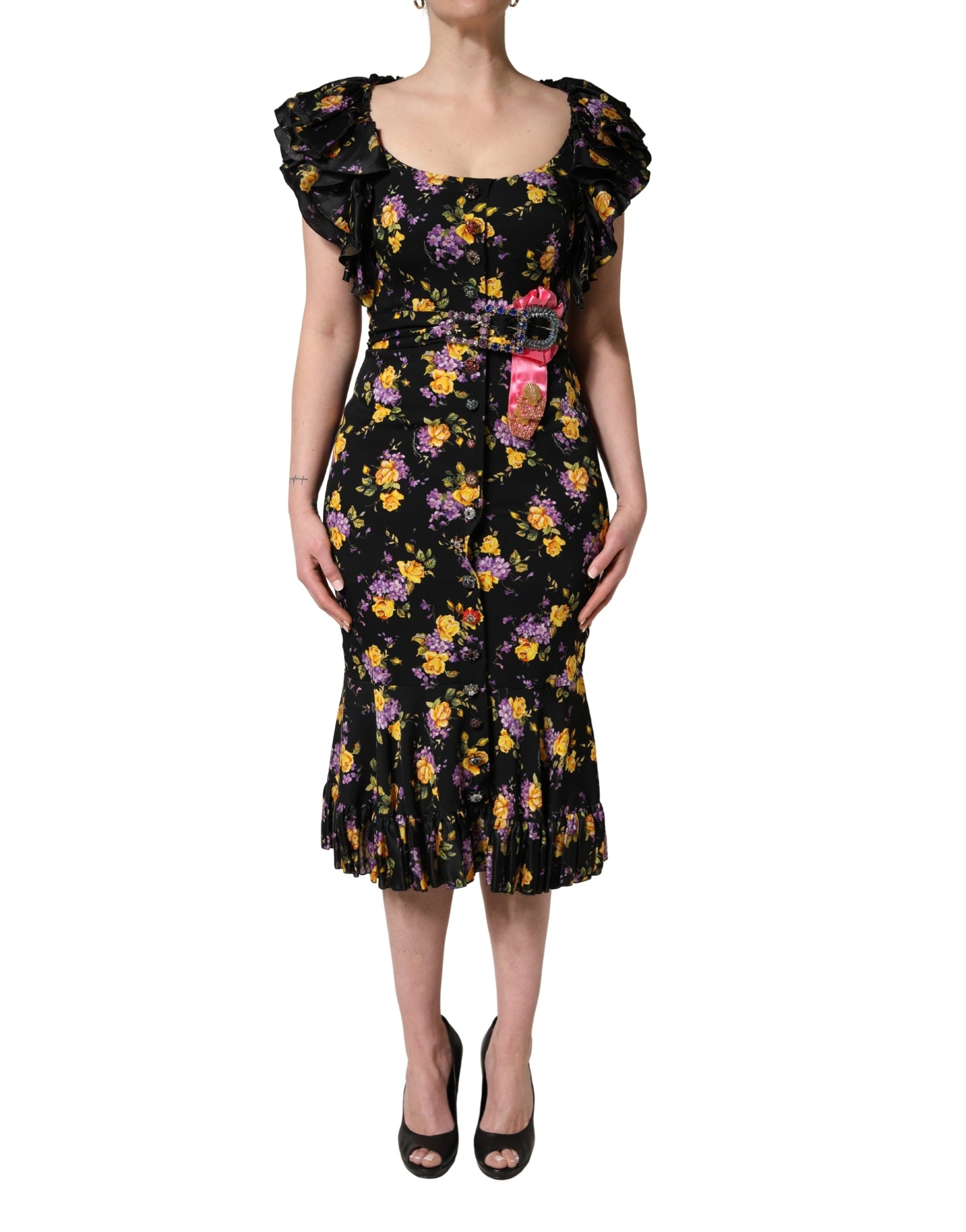 Dolce & Gabbana Black Purple Crystal Brooch Silk Midi Women's Dress