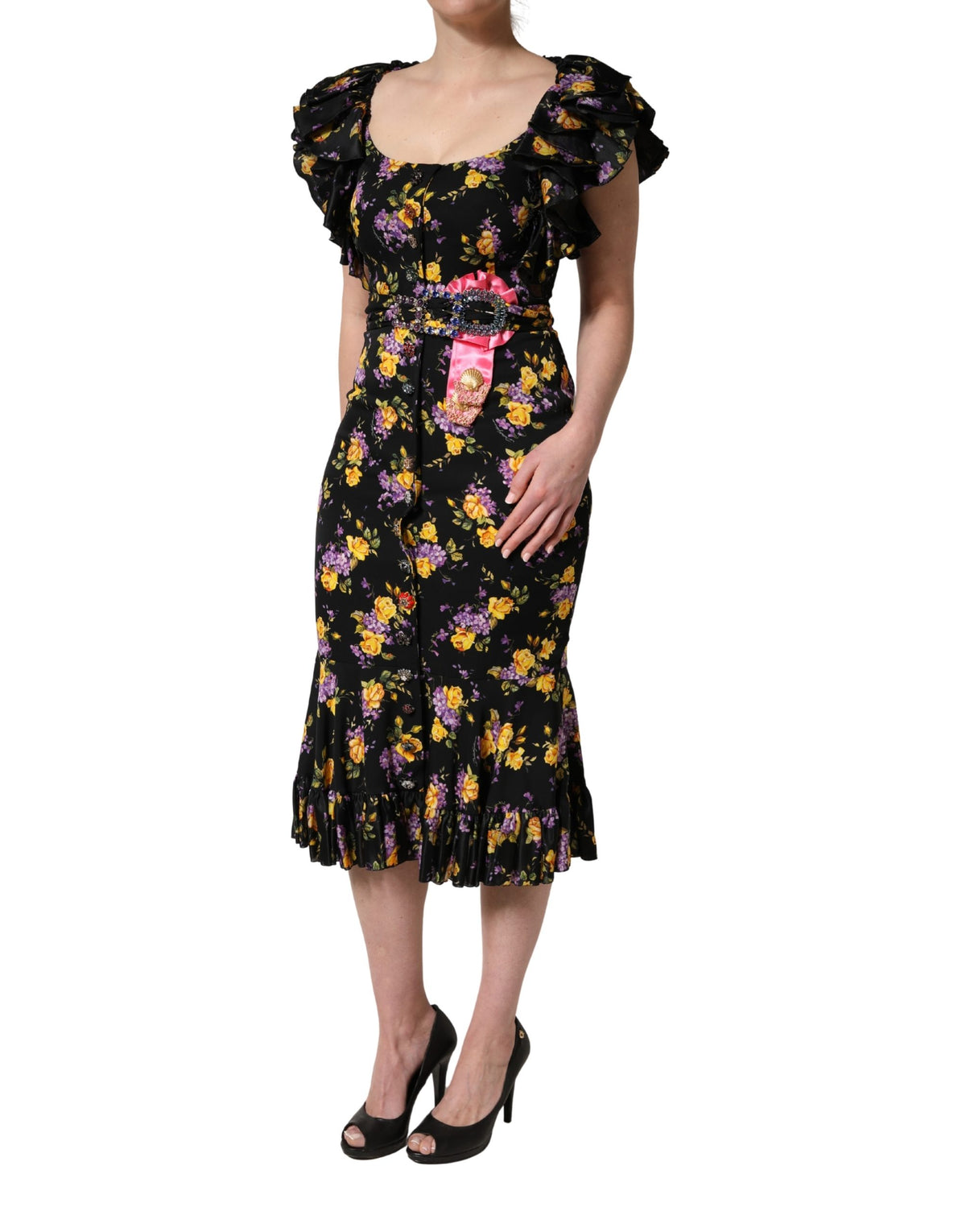 Dolce & Gabbana Black Purple Crystal Brooch Silk Midi Women's Dress