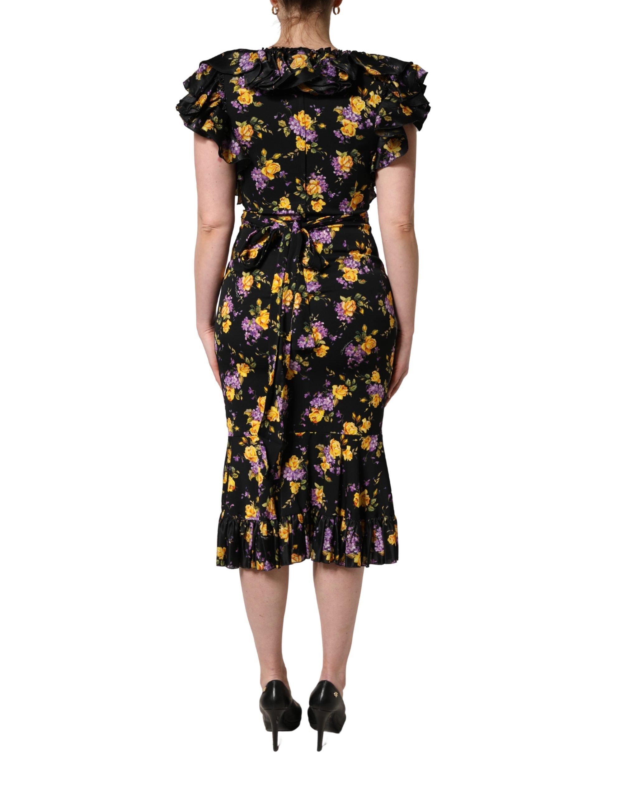 Dolce & Gabbana Black Purple Crystal Brooch Silk Midi Women's Dress