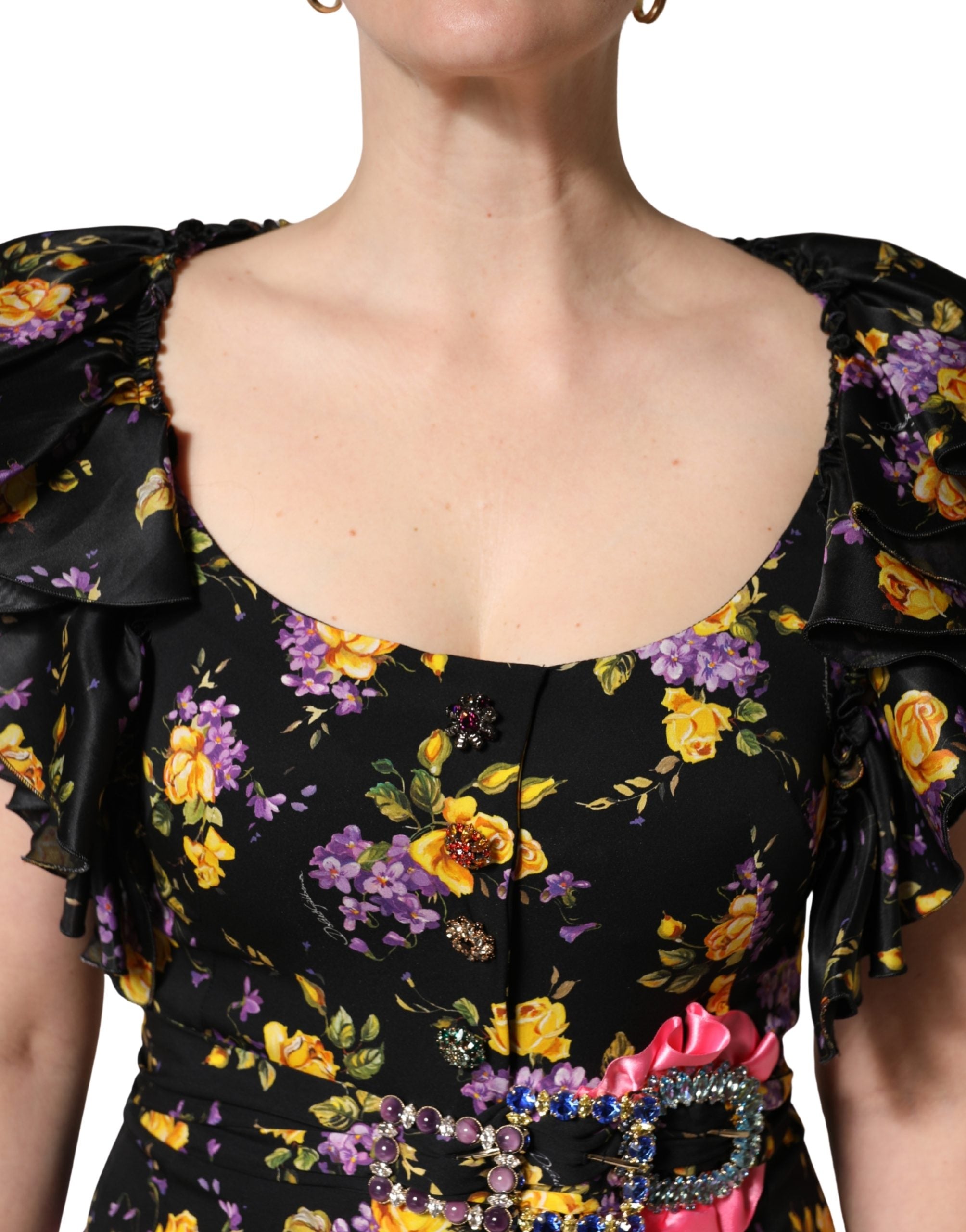 Dolce & Gabbana Black Purple Crystal Brooch Silk Midi Women's Dress