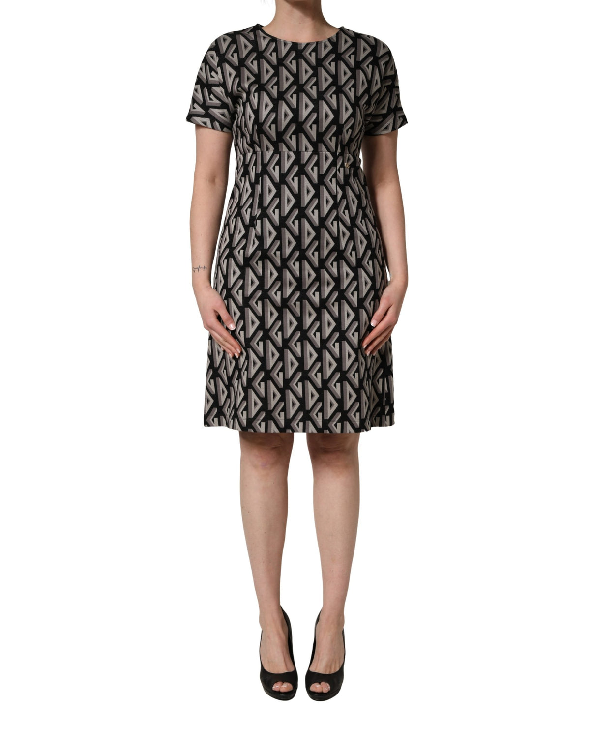 Dolce & Gabbana Black Logo Print Cotton Knee Length Women's Dress