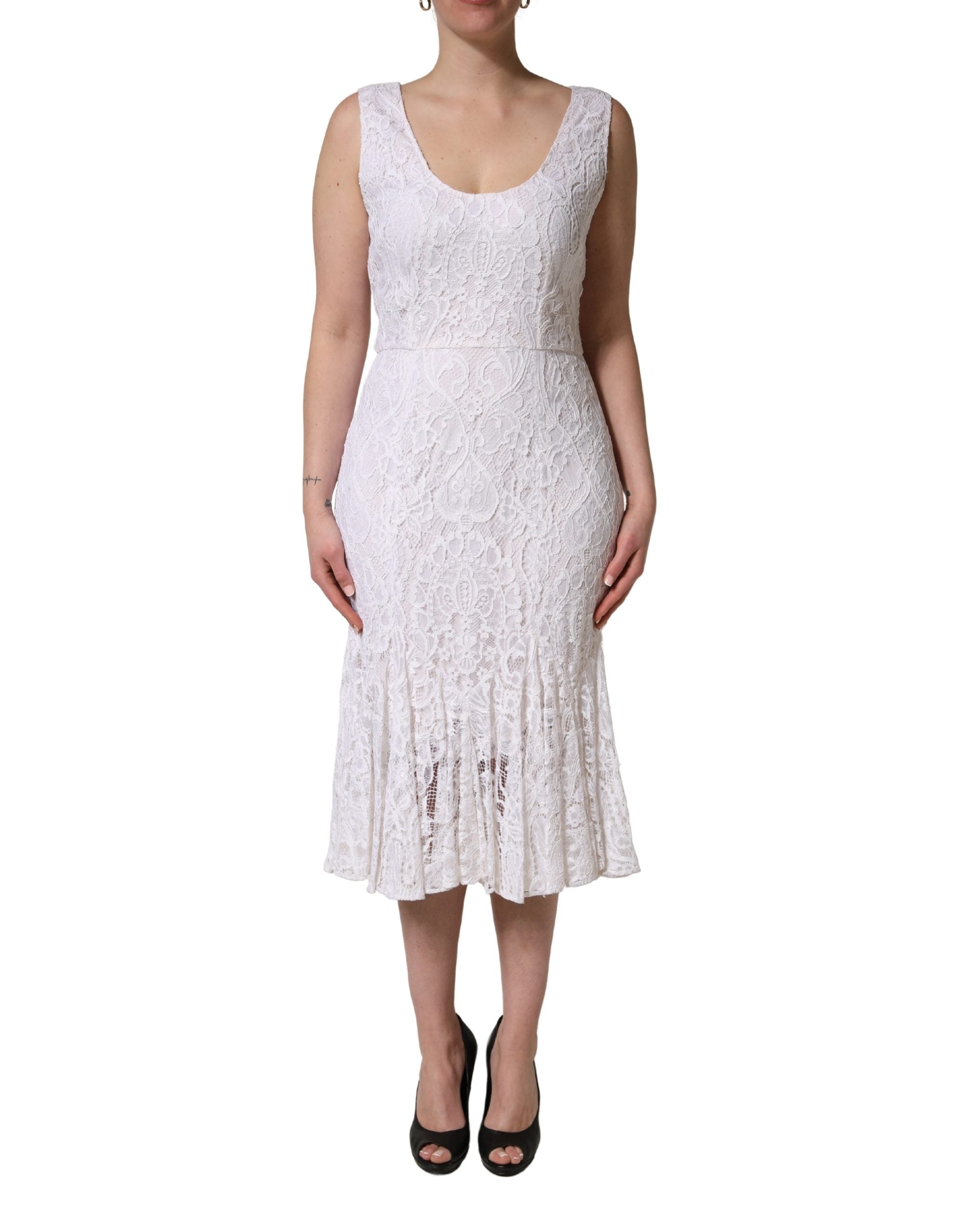 Dolce & Gabbana White Floral Lace Sleeveless Midi Women's Dress