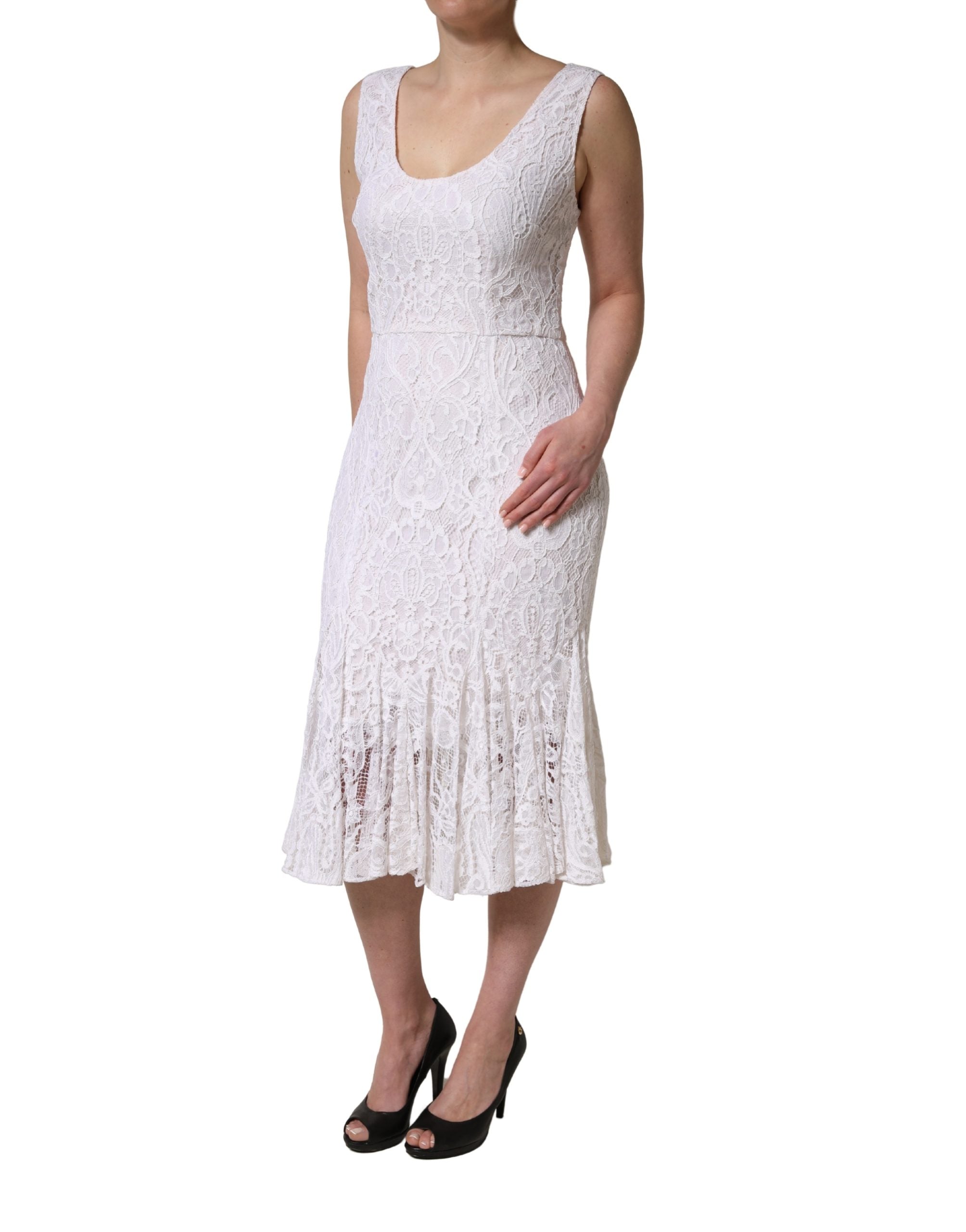 Dolce & Gabbana White Floral Lace Sleeveless Midi Women's Dress