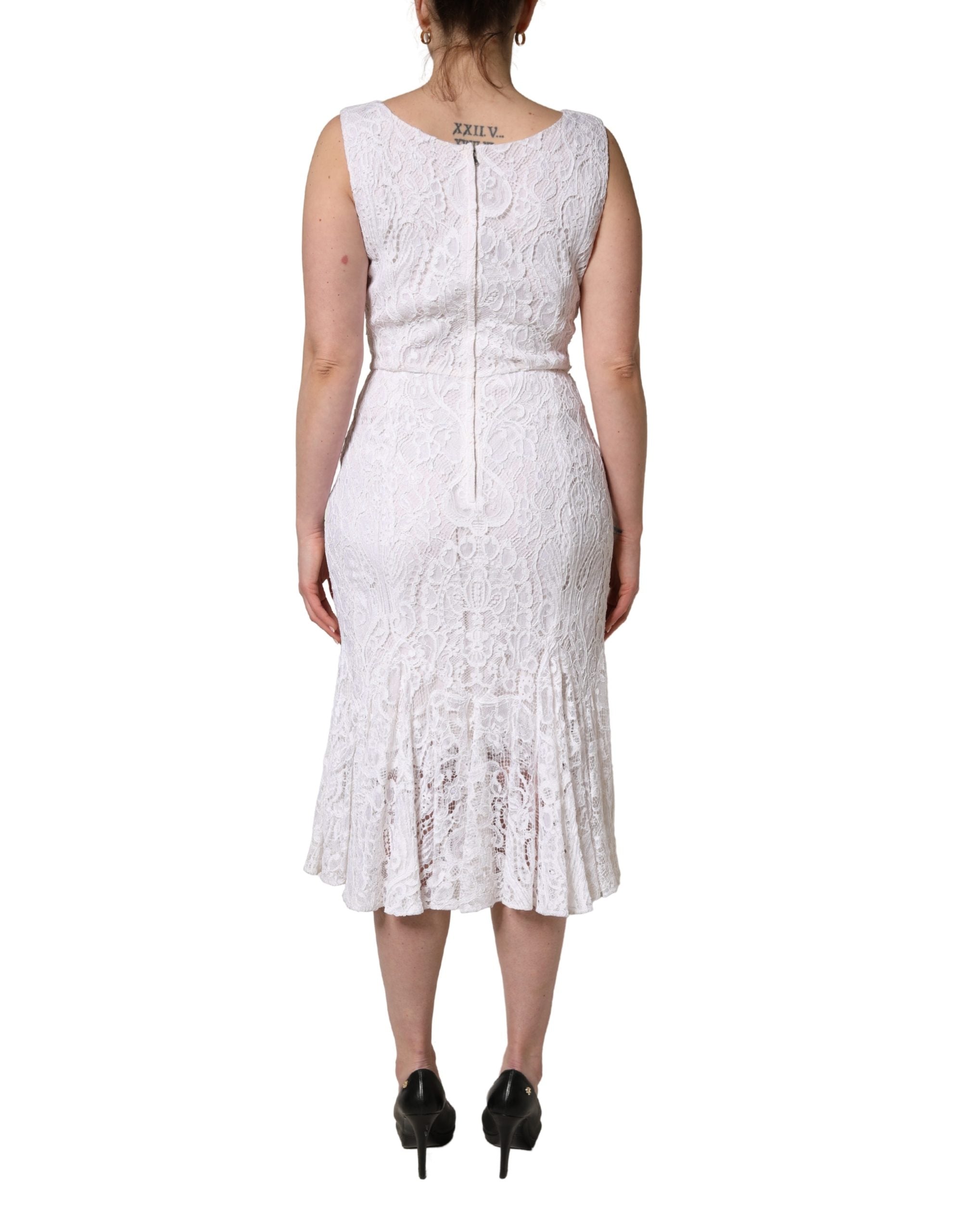 Dolce & Gabbana White Floral Lace Sleeveless Midi Women's Dress
