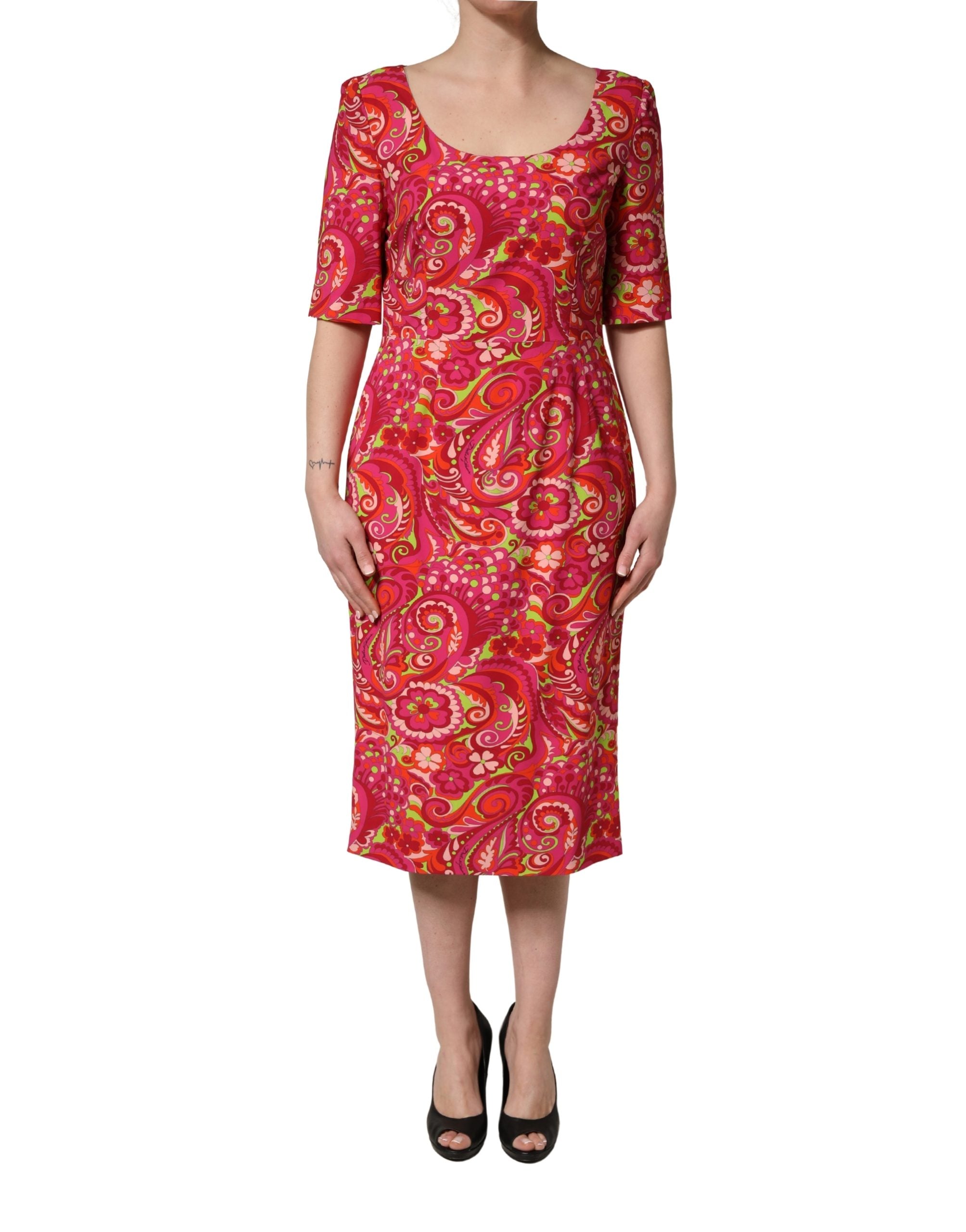 Dolce & Gabbana Red Paisley Floral Print Sheath Midi Women's Dress