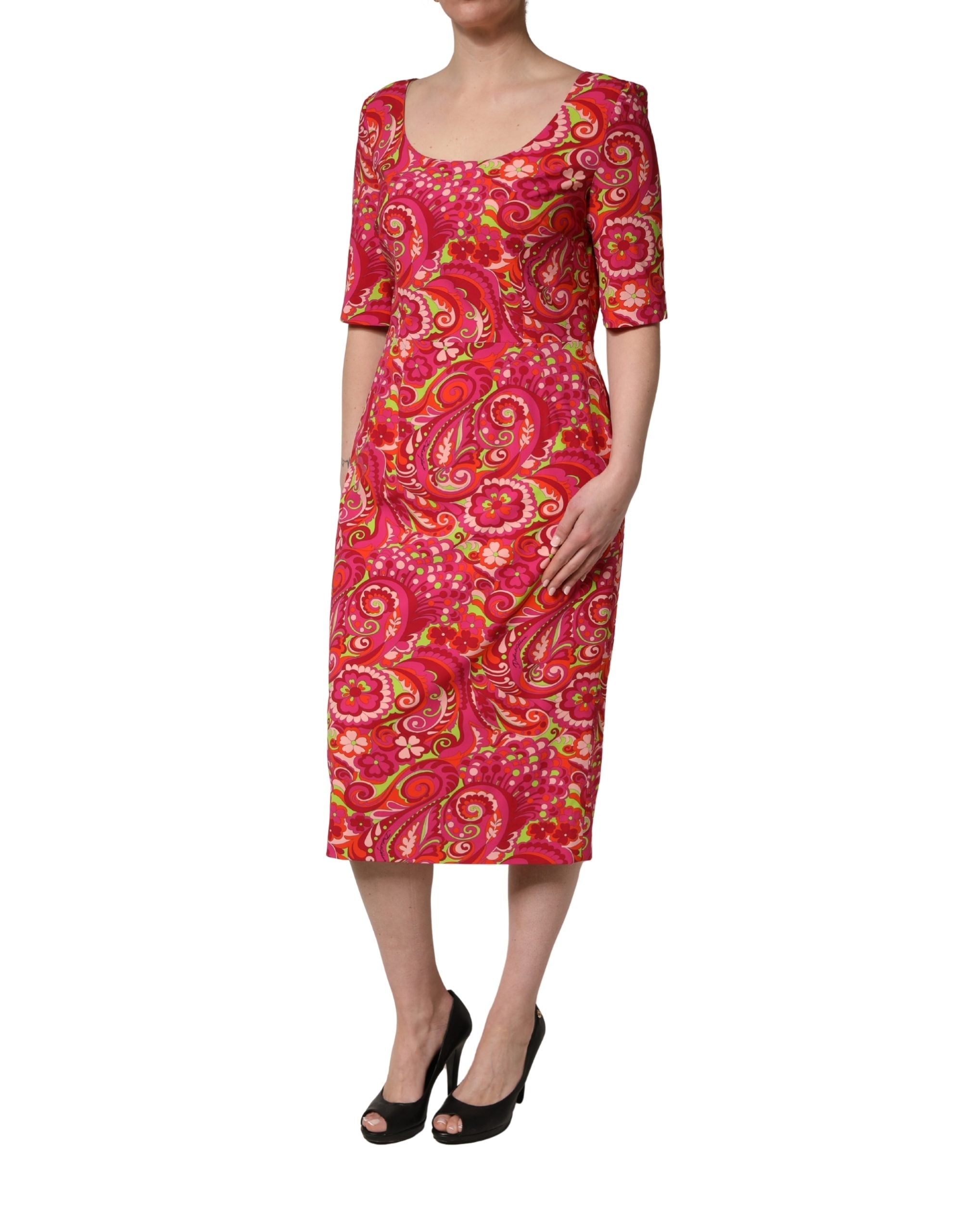Dolce & Gabbana Red Paisley Floral Print Sheath Midi Women's Dress