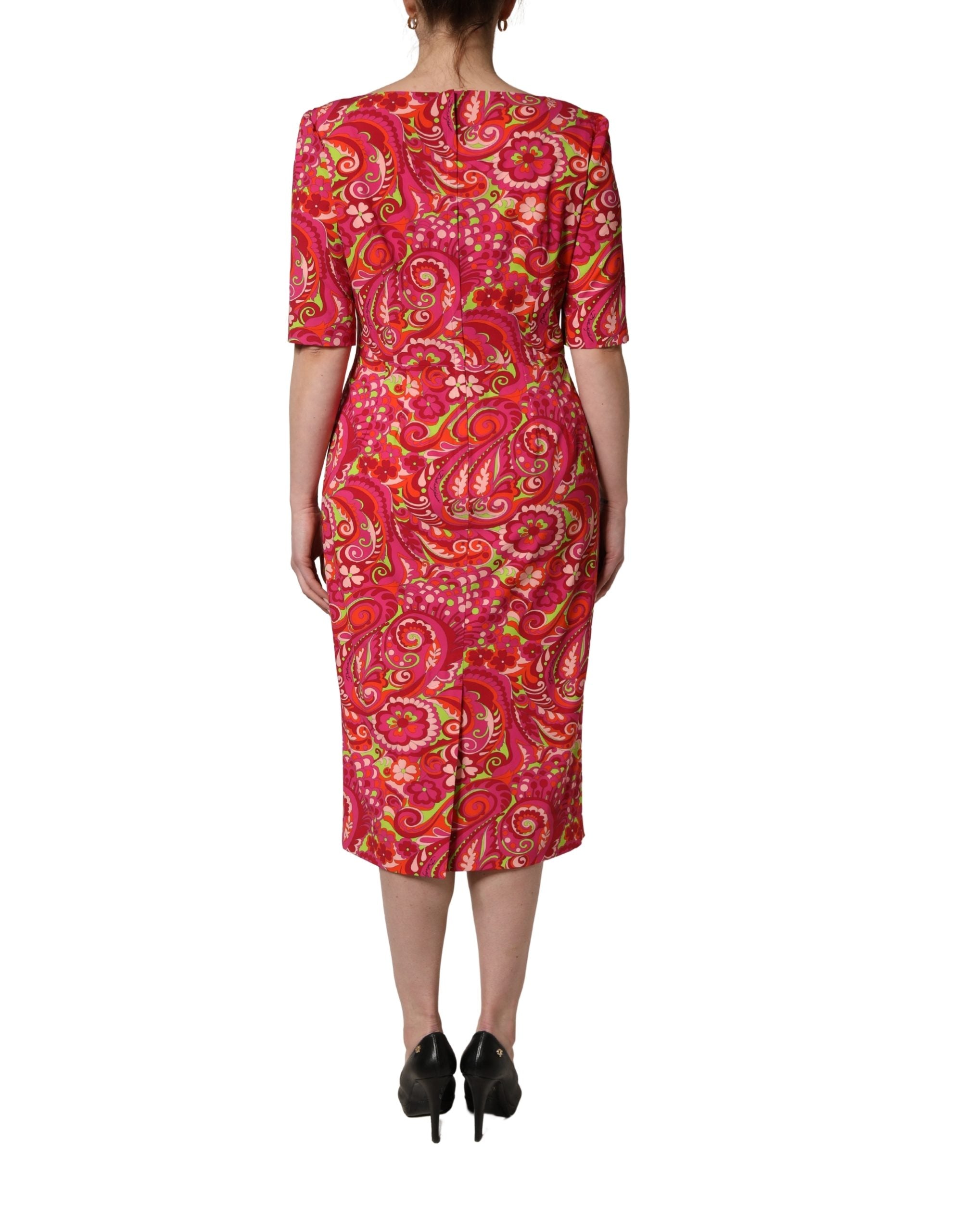 Dolce & Gabbana Red Paisley Floral Print Sheath Midi Women's Dress