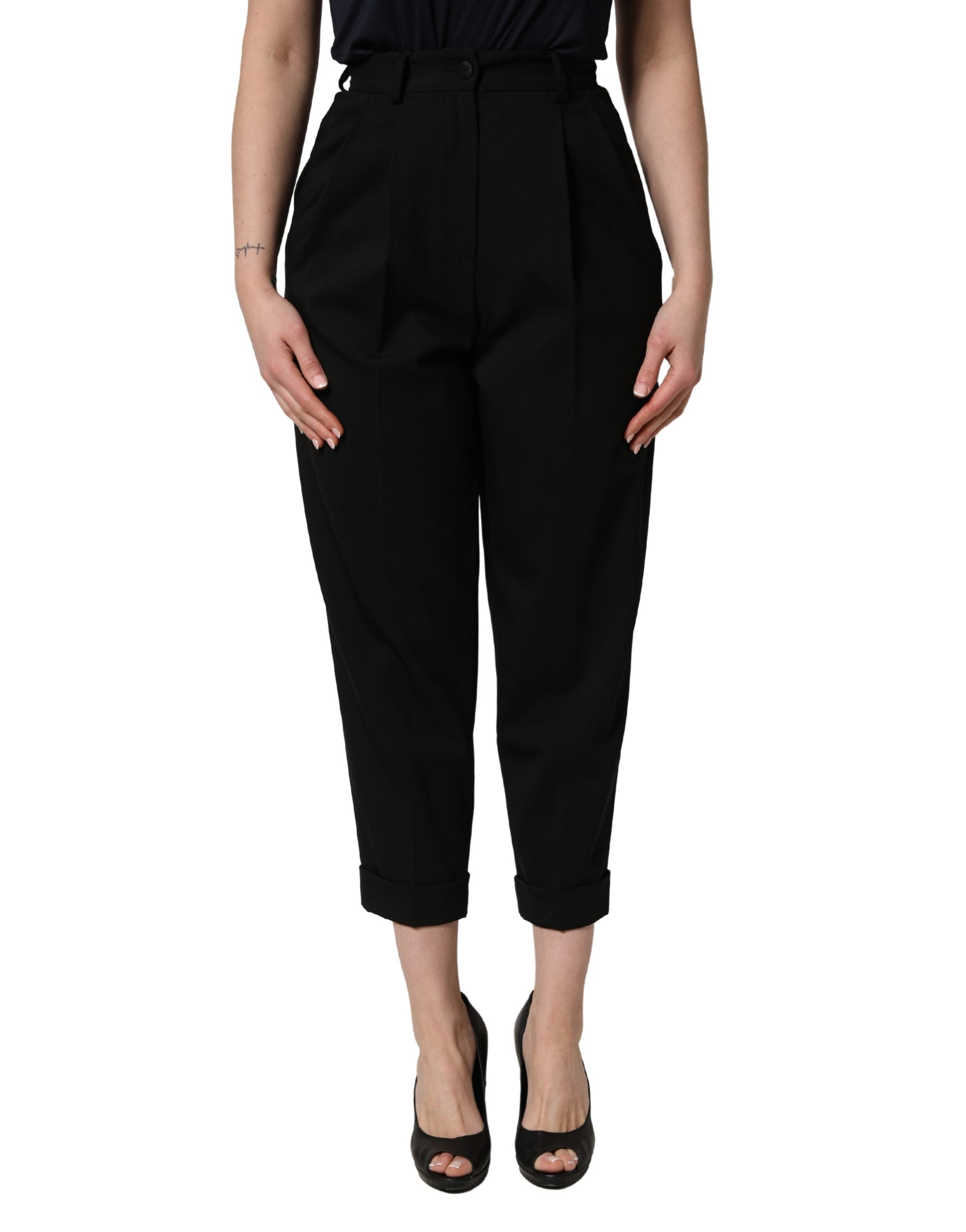 Dolce & Gabbana Black Wool High Waist Cropped Trouser Women's Pants
