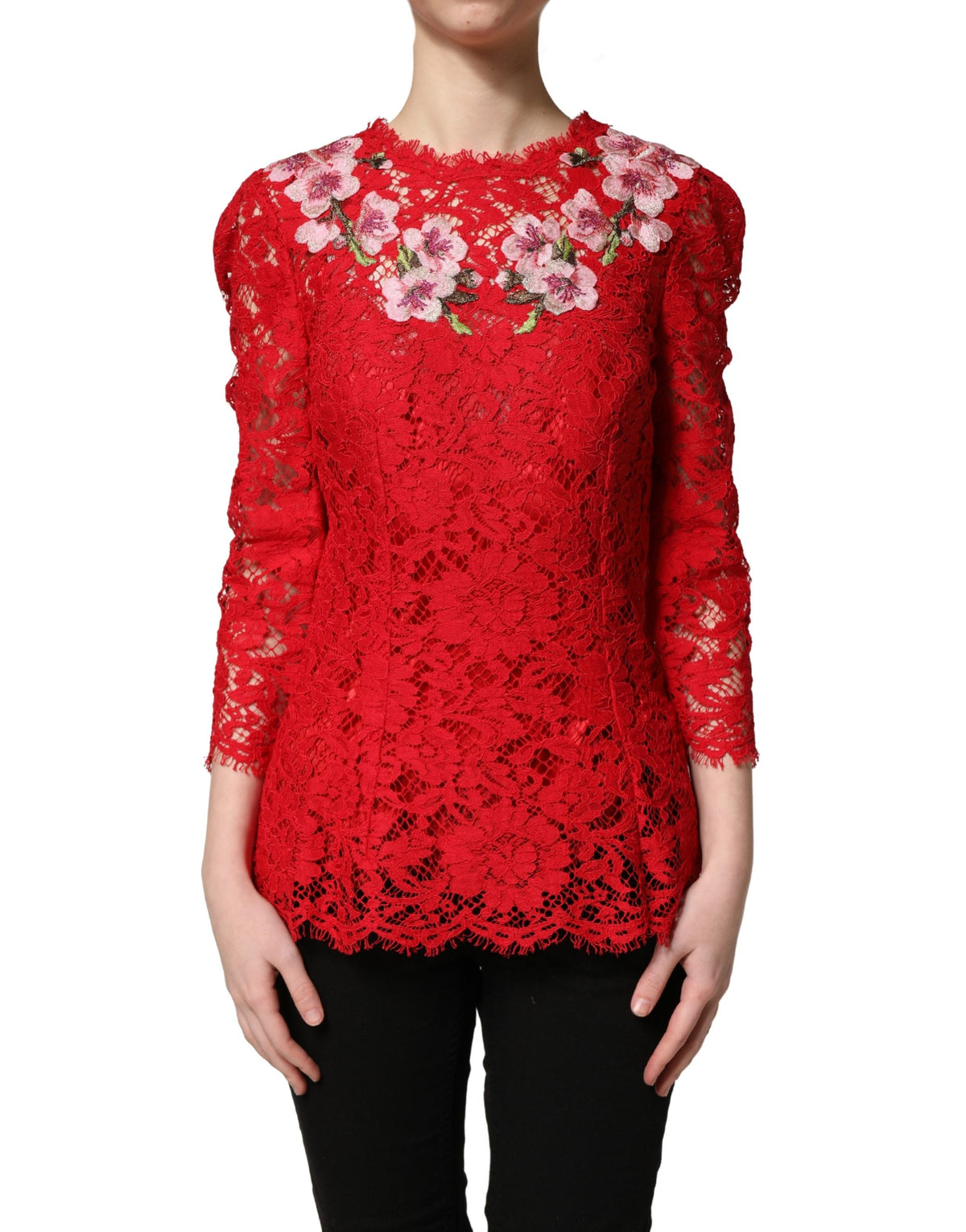 Dolce & Gabbana Red Lace Floral Embroidery Long Sleeves Women's Top
