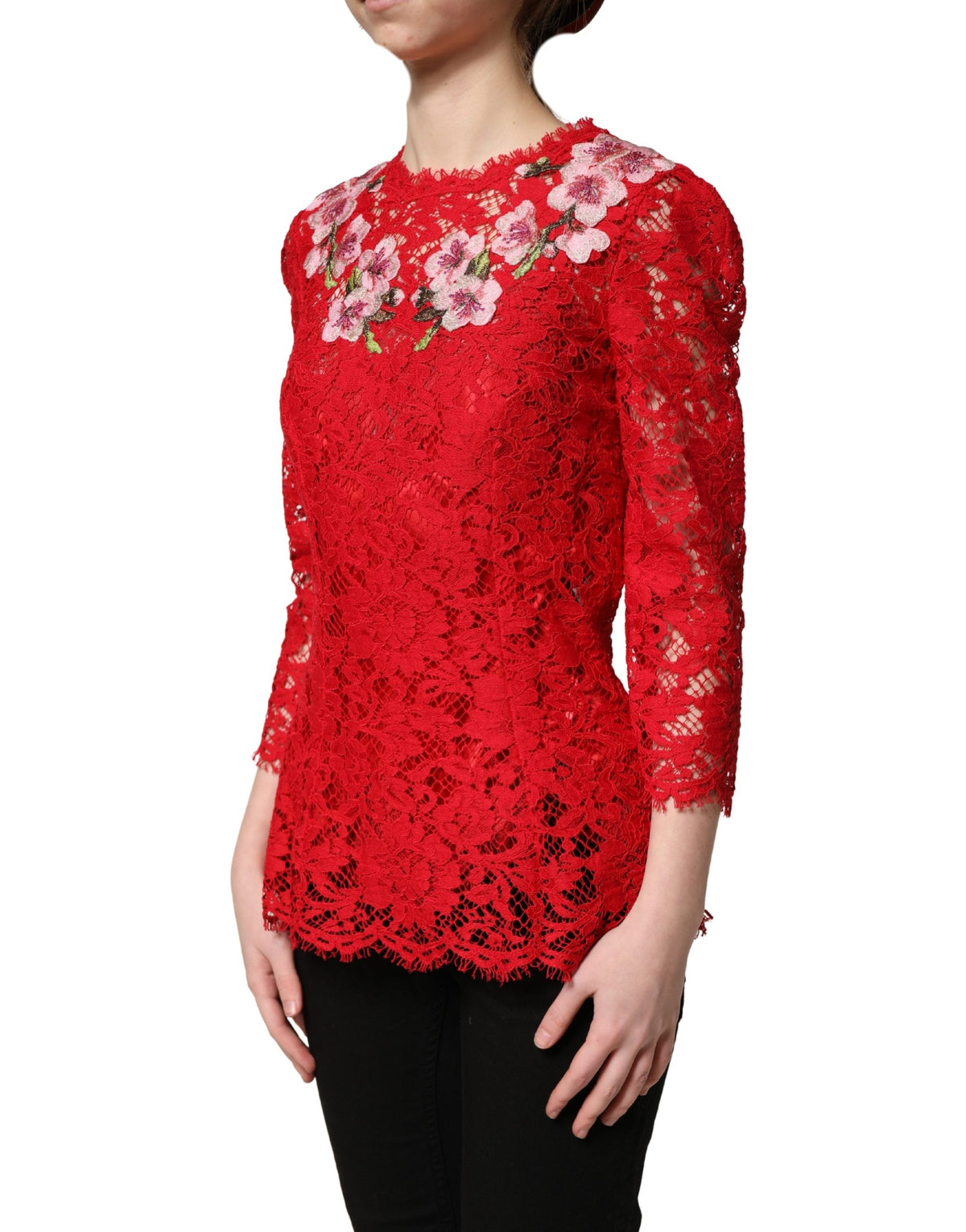 Dolce & Gabbana Red Lace Floral Embroidery Long Sleeves Women's Top