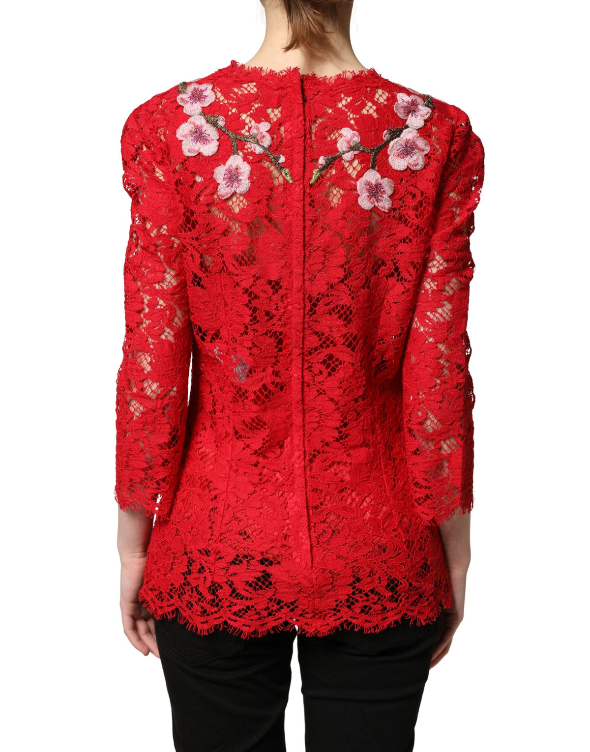 Dolce & Gabbana Red Lace Floral Embroidery Long Sleeves Women's Top