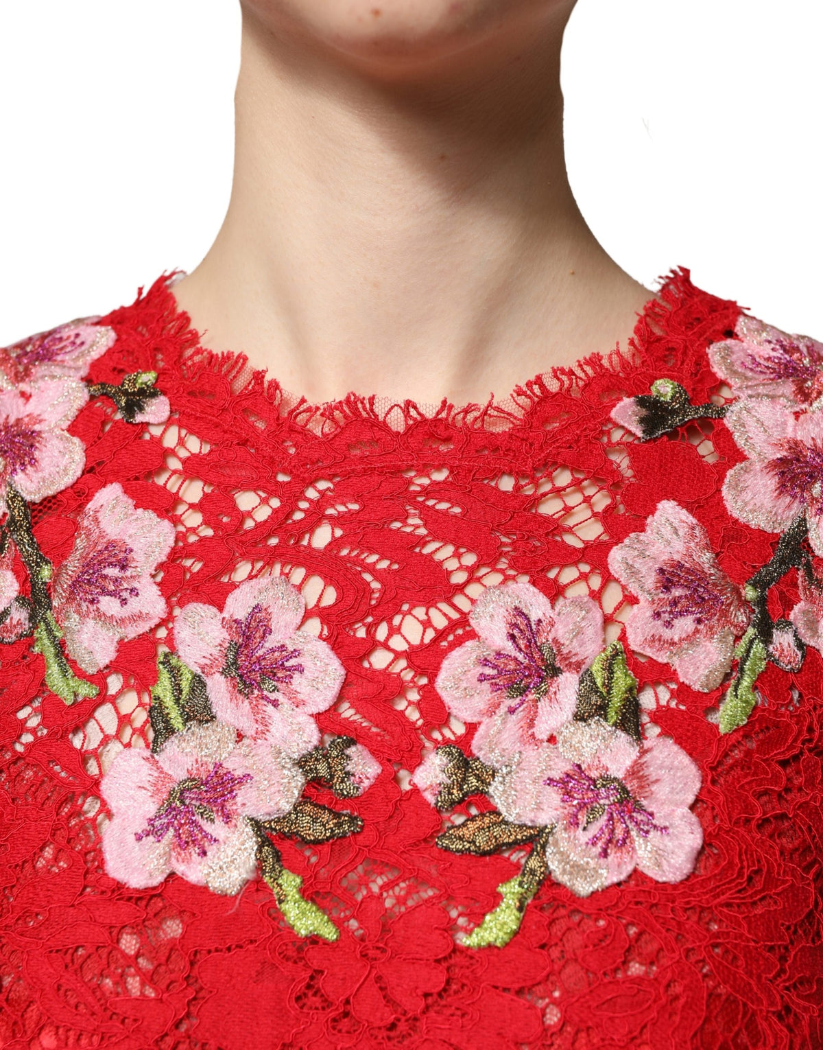 Dolce & Gabbana Red Lace Floral Embroidery Long Sleeves Women's Top