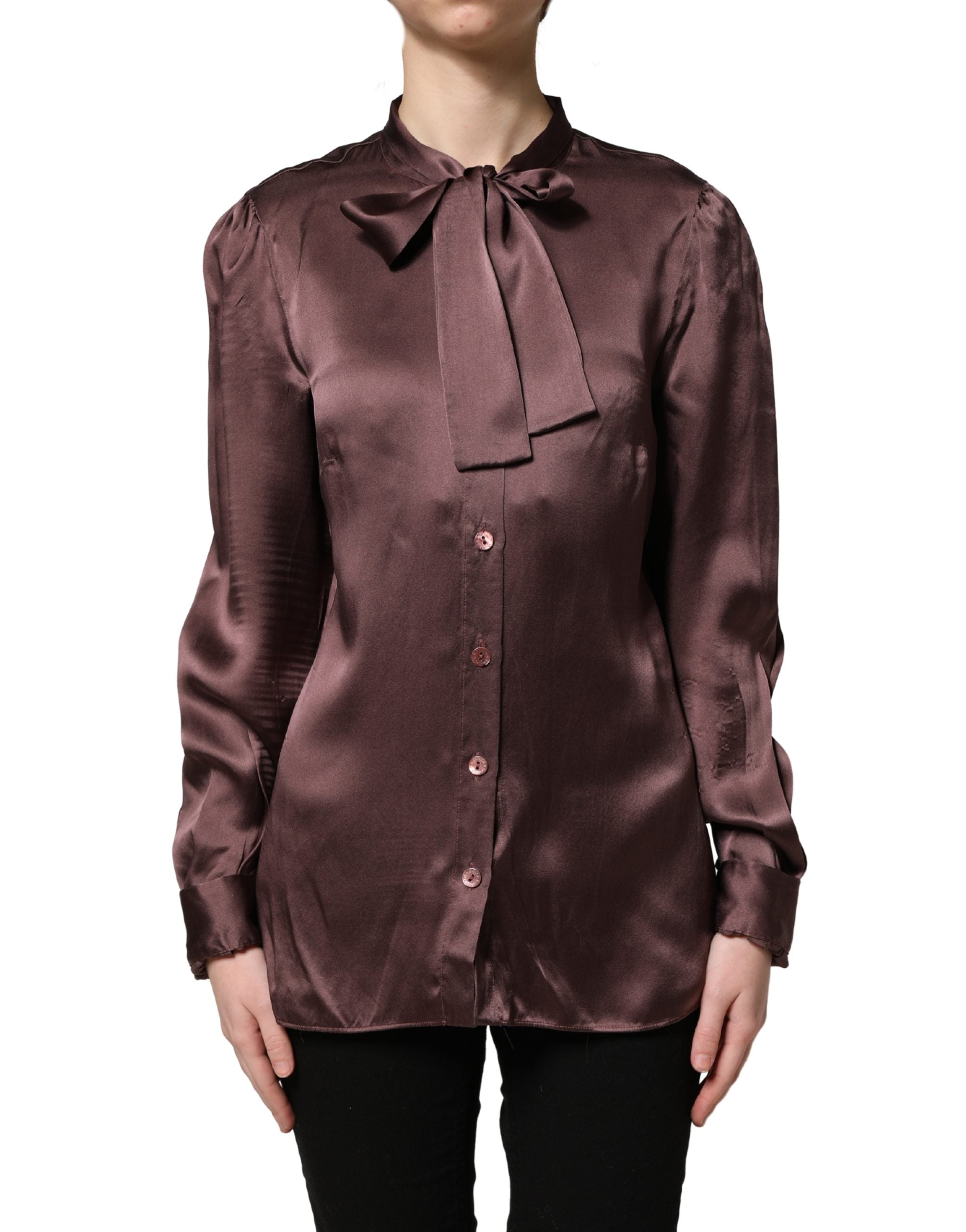 Dolce & Gabbana Violet Satin Long Sleeve Ascot Tie Shirt Women's Top (Pre-Owned)