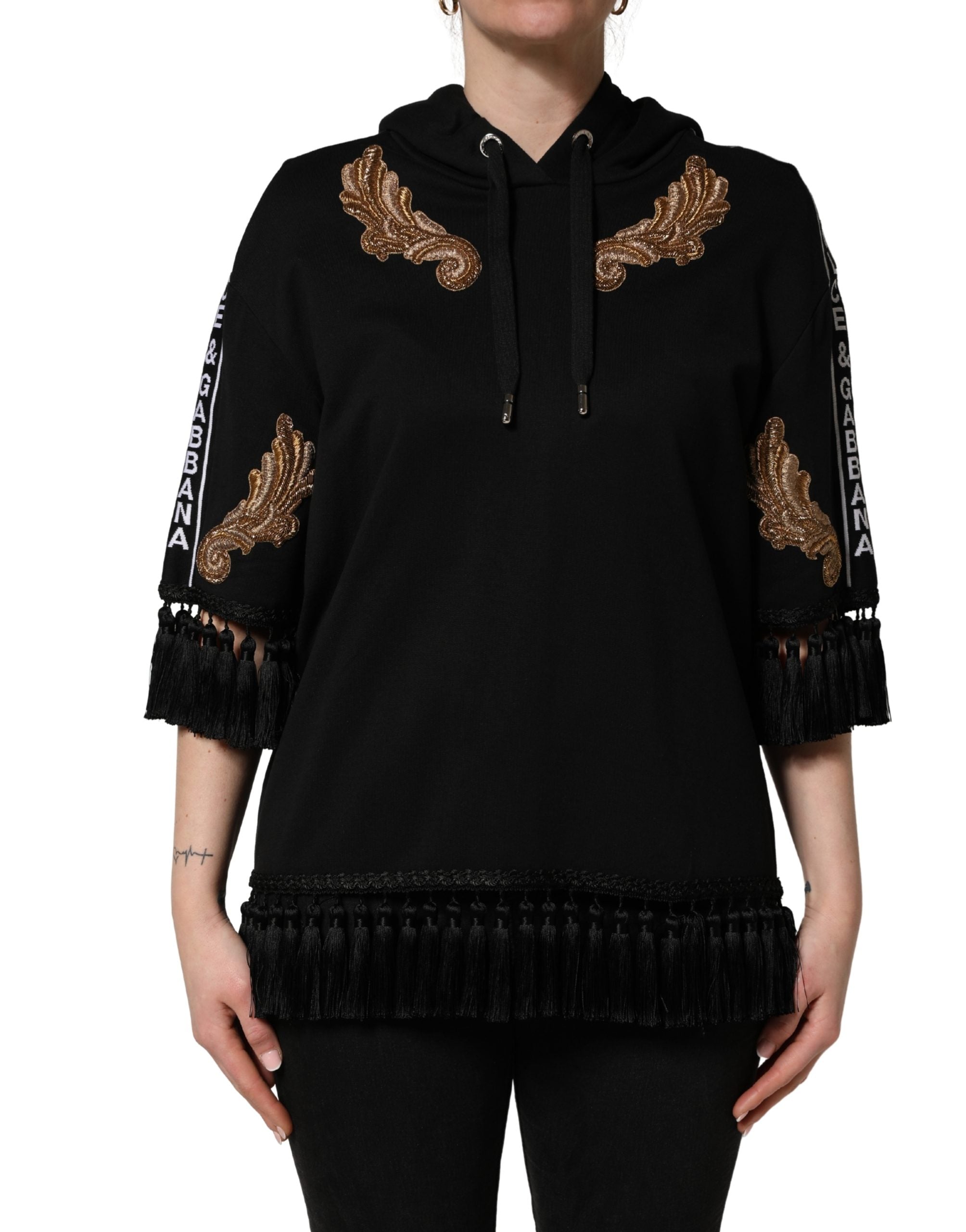 Dolce & Gabbana Black Embroidered Tassel Hooded Sweatshirt Women's Sweater