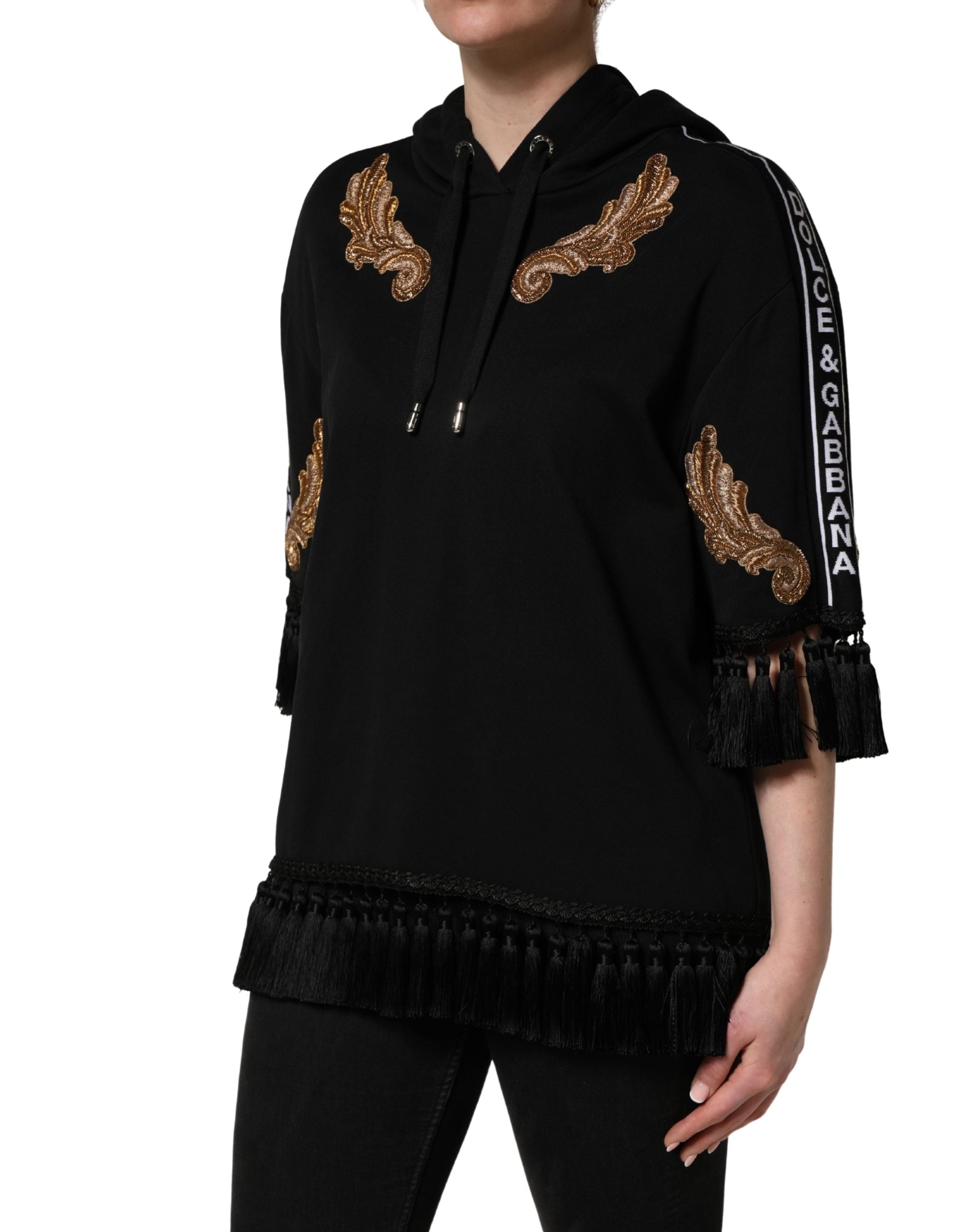 Dolce & Gabbana Black Embroidered Tassel Hooded Sweatshirt Women's Sweater