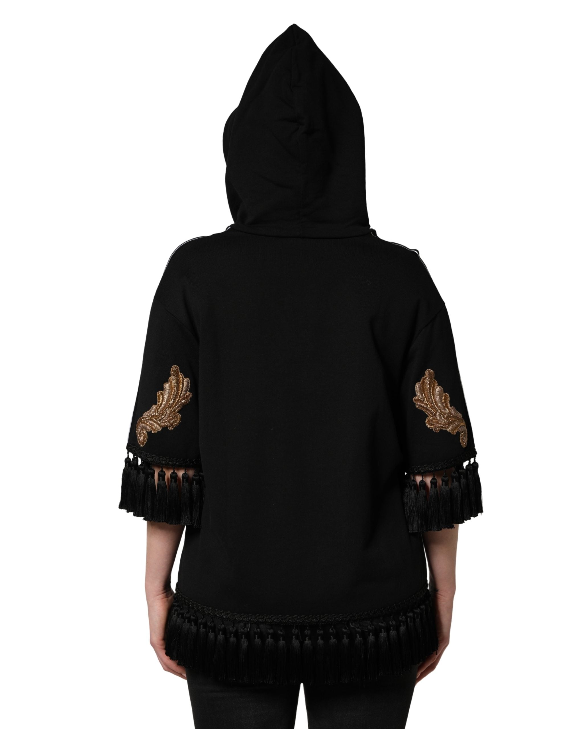 Dolce & Gabbana Black Embroidered Tassel Hooded Sweatshirt Women's Sweater