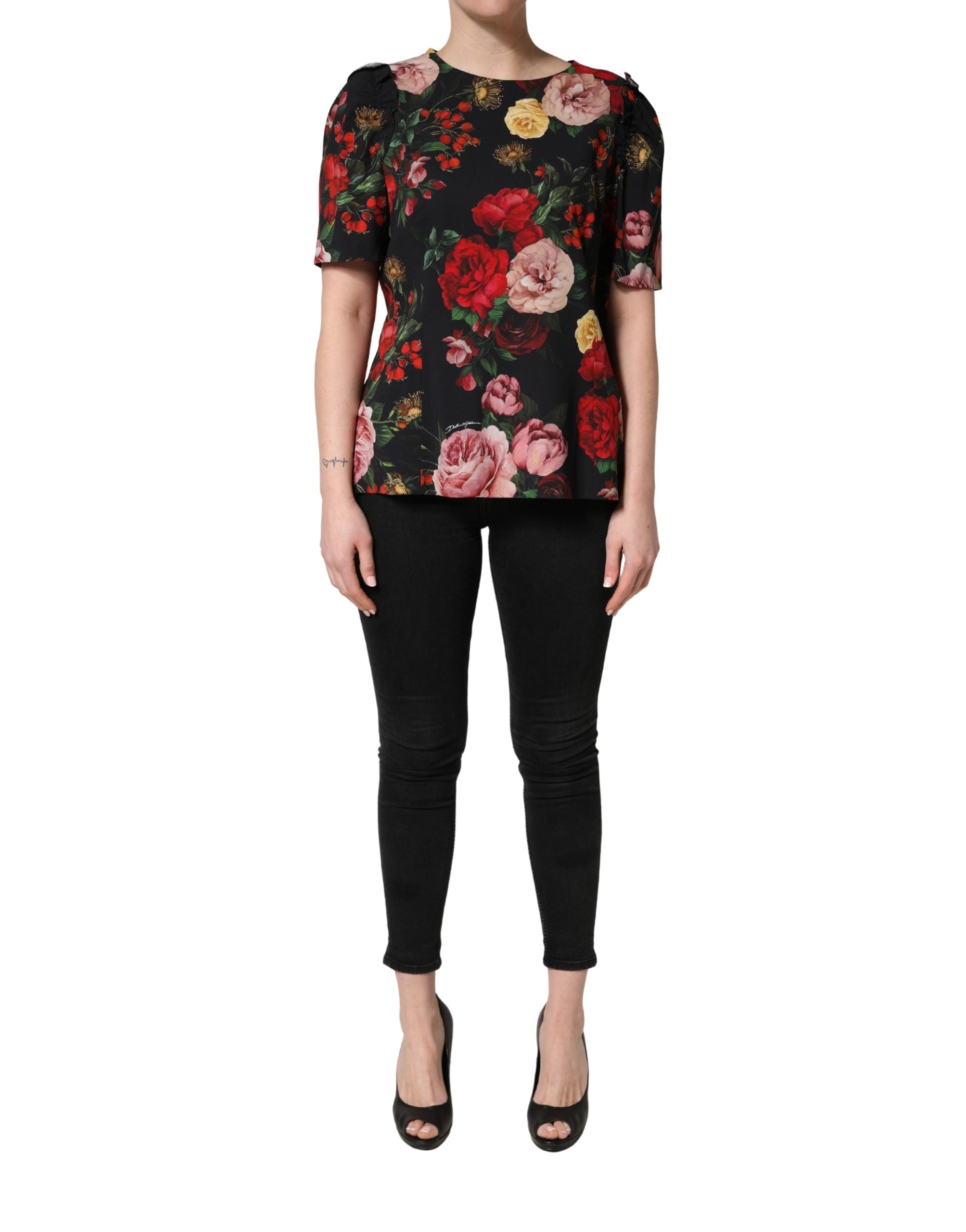 Dolce & Gabbana Black Floral Crepe Frill Detail Blouse Women's Top