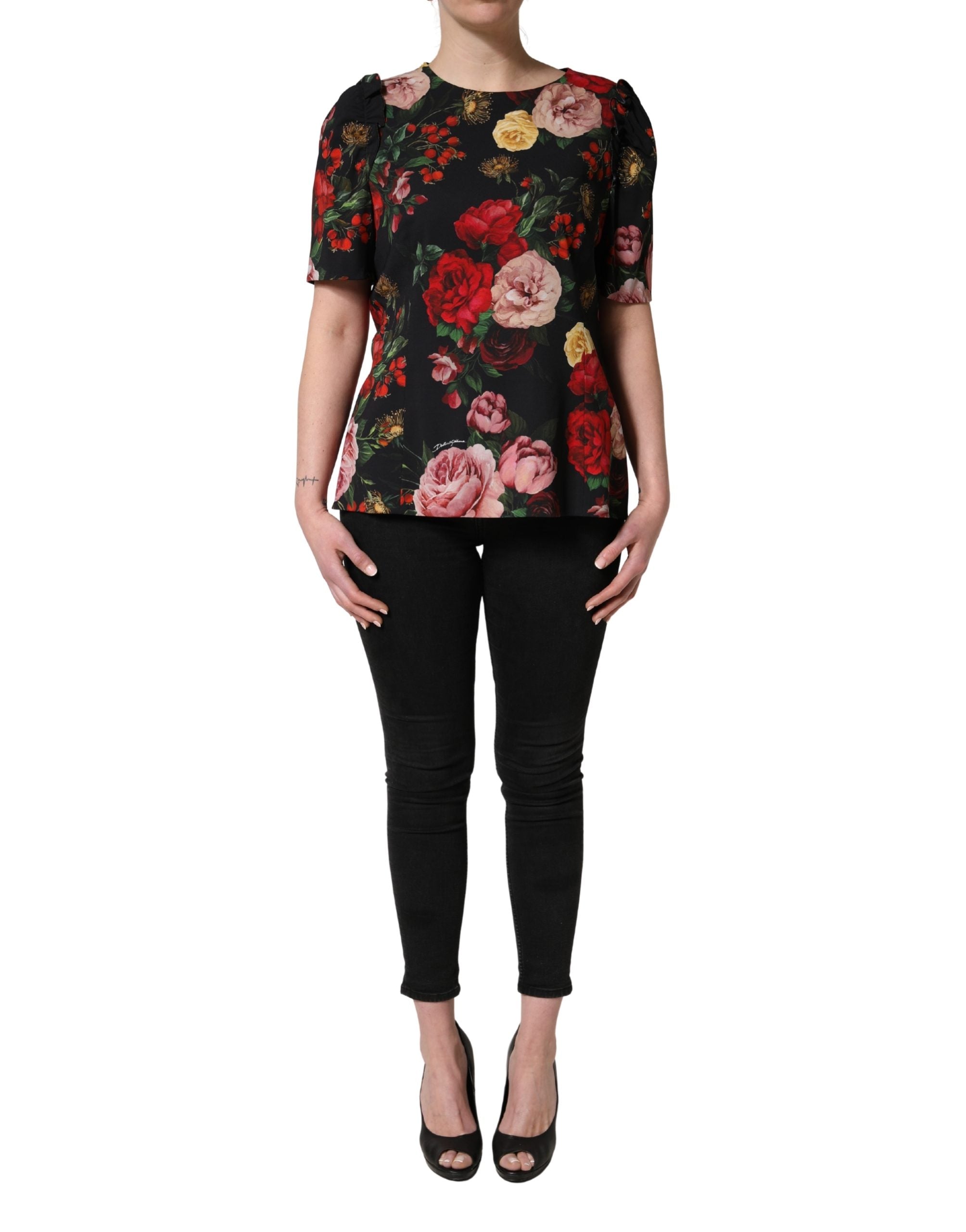 Dolce & Gabbana Black Floral Crepe Frill Detail Blouse Women's Top