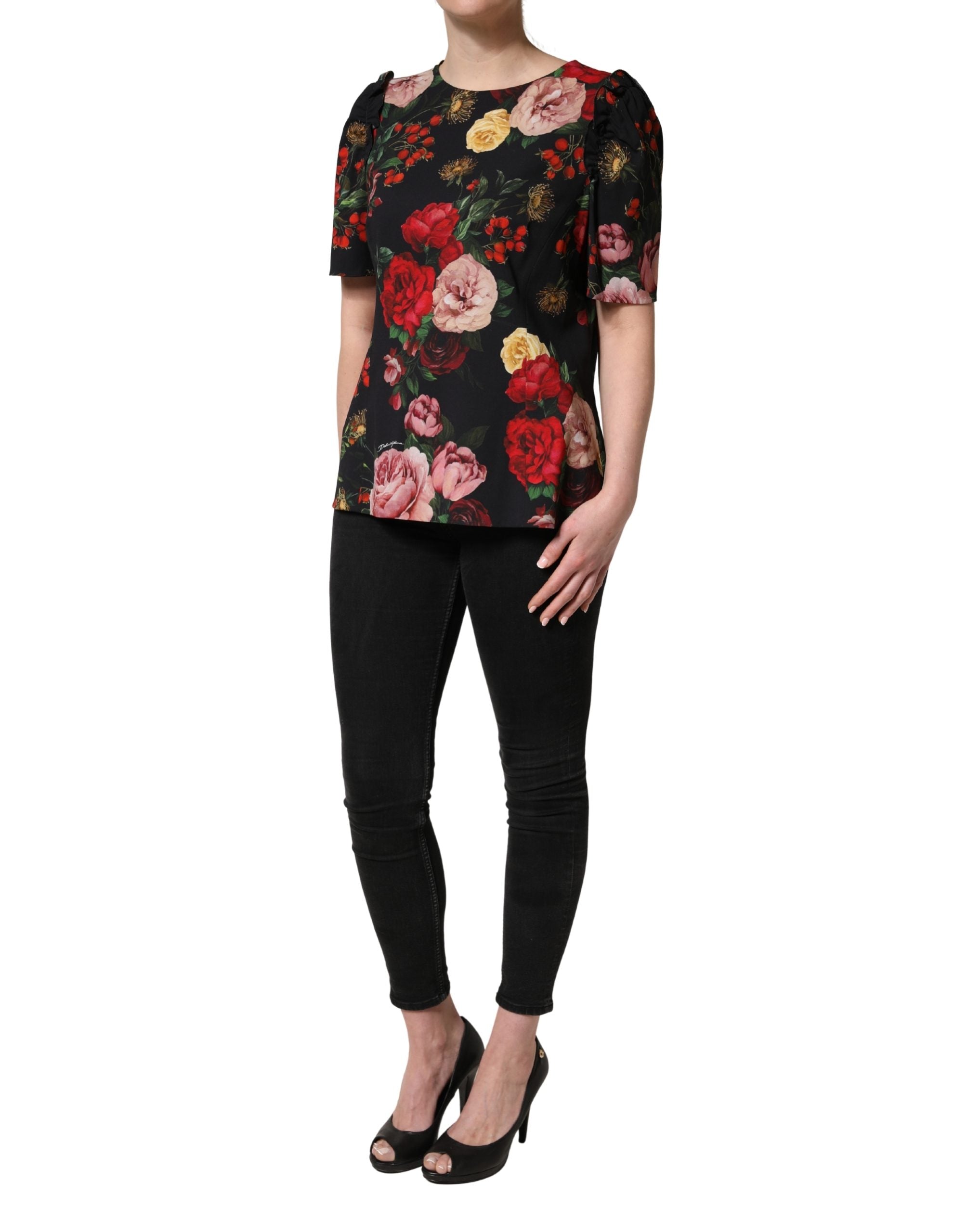 Dolce & Gabbana Black Floral Crepe Frill Detail Blouse Women's Top