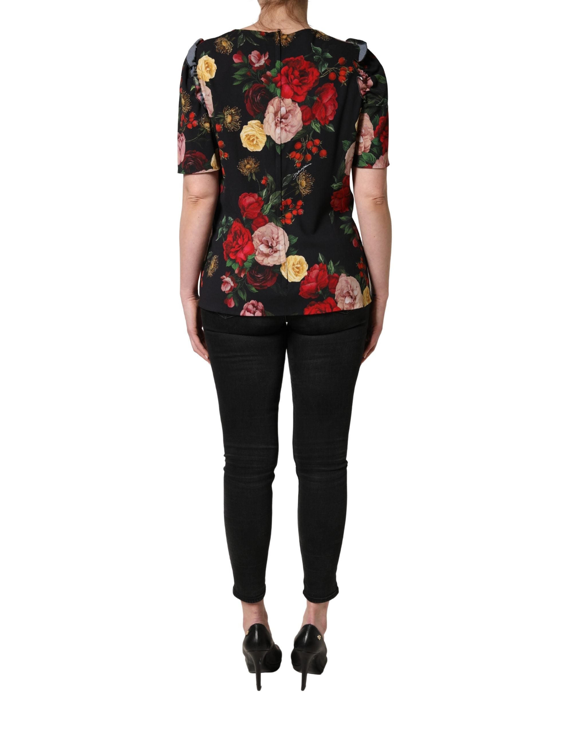 Dolce & Gabbana Black Floral Crepe Frill Detail Blouse Women's Top