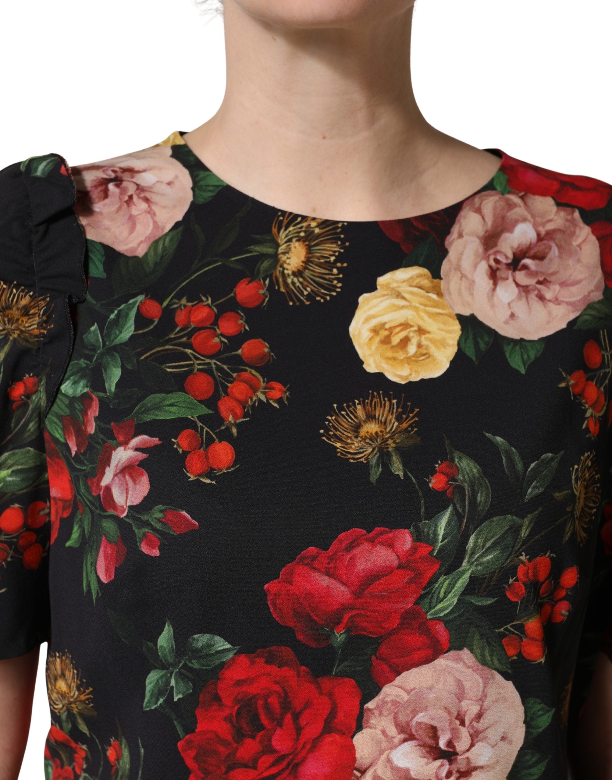 Dolce & Gabbana Black Floral Crepe Frill Detail Blouse Women's Top