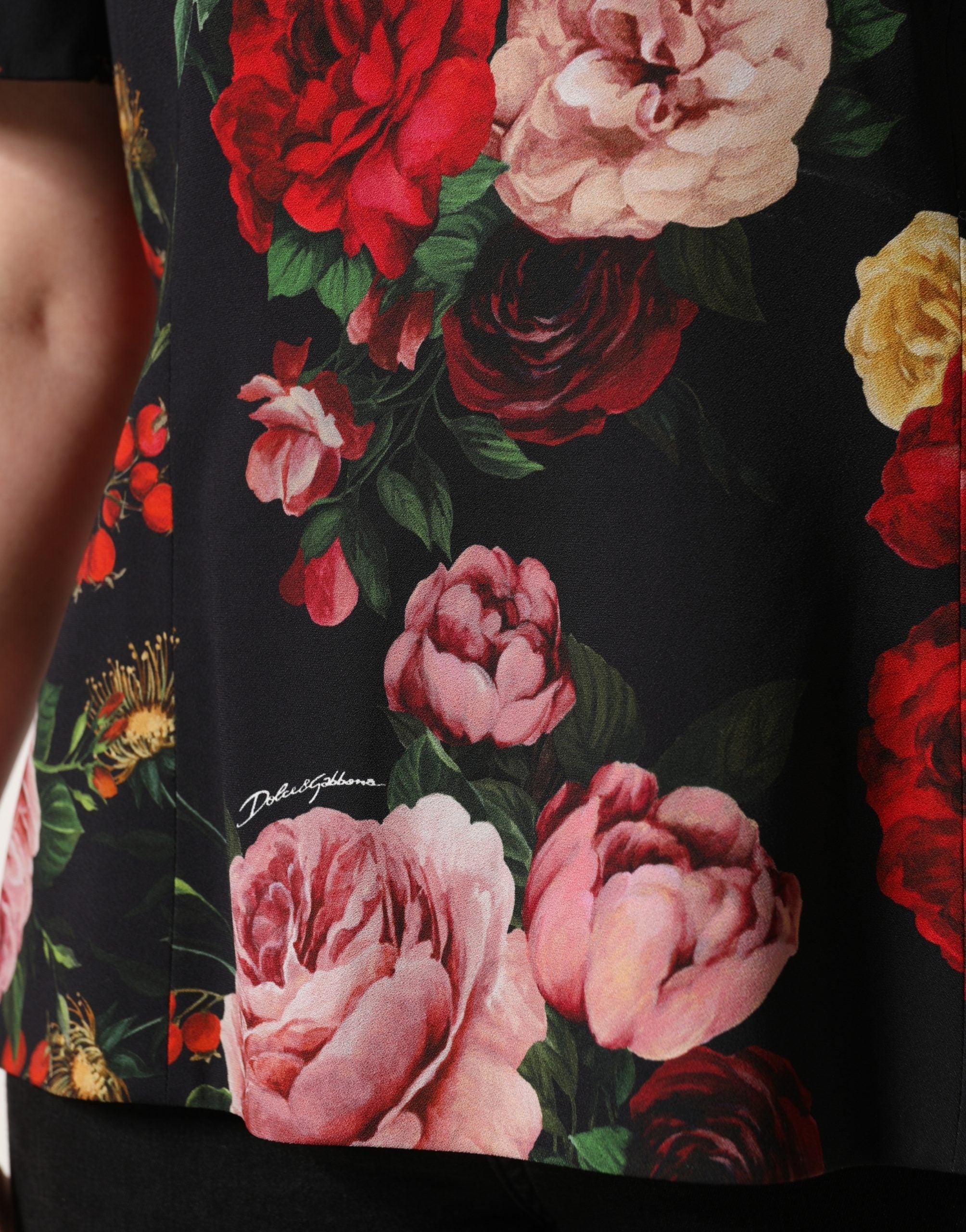 Dolce & Gabbana Black Floral Crepe Frill Detail Blouse Women's Top