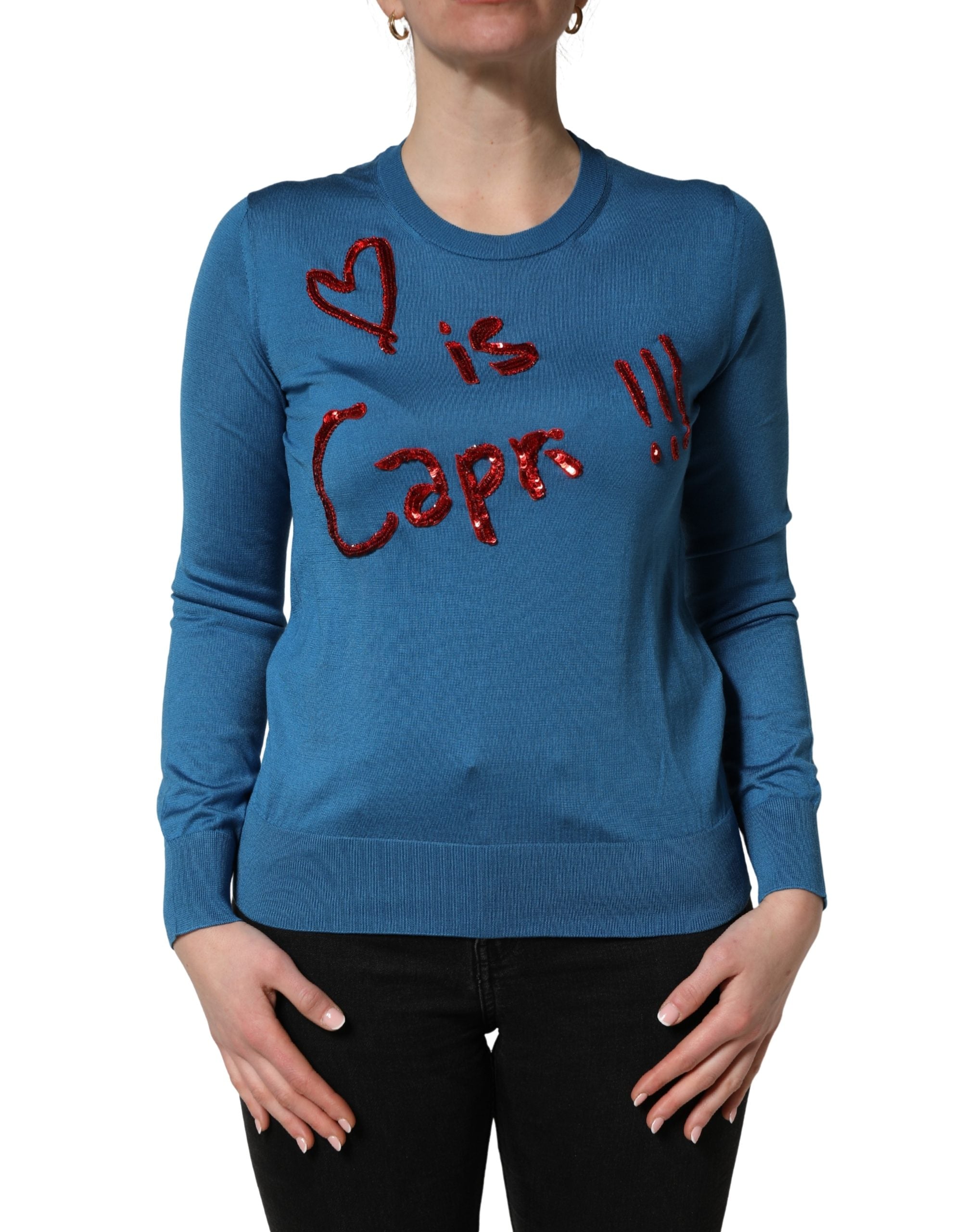 Dolce & Gabbana Blue Silk Sequined CrewNeck Pullover Women's Sweater