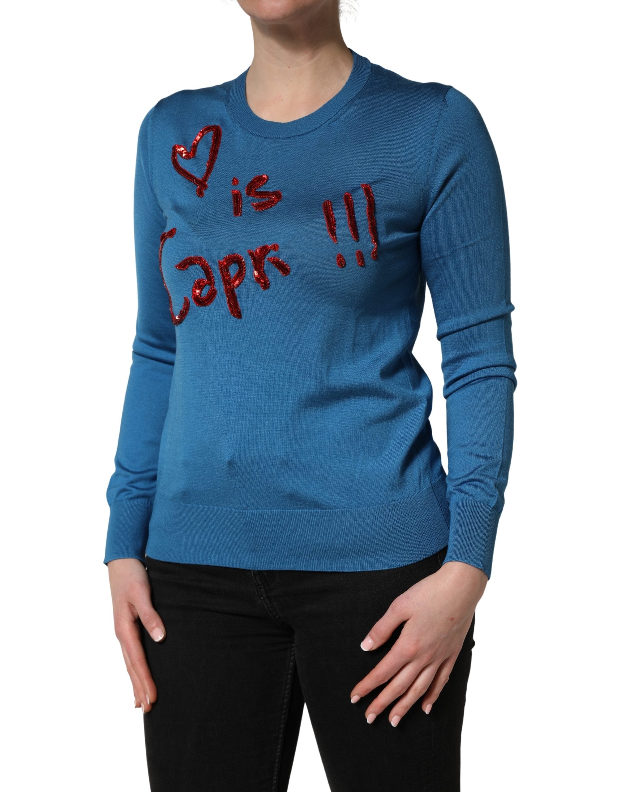 Dolce & Gabbana Blue Silk Sequined CrewNeck Pullover Women's Sweater