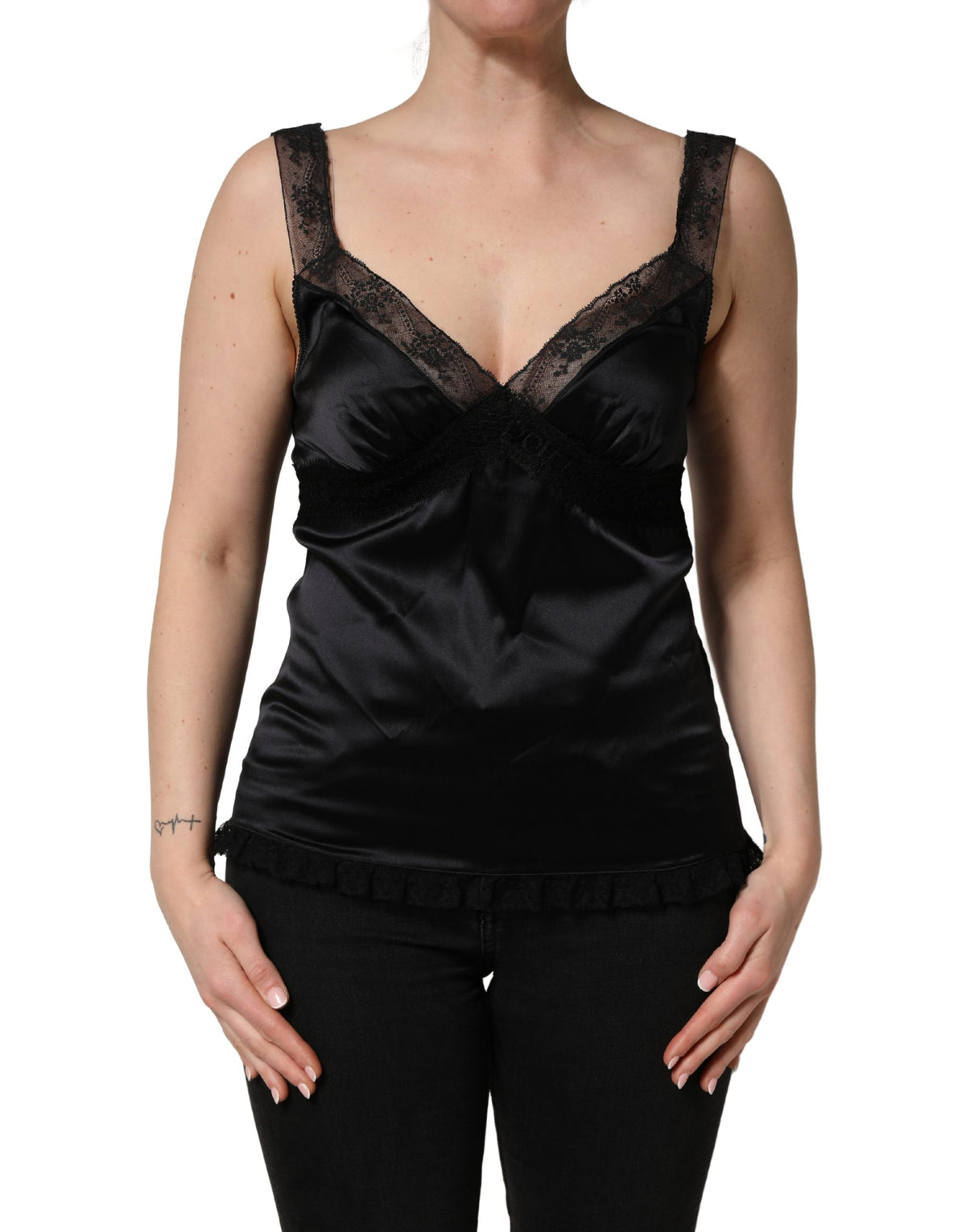 Dolce & Gabbana Black Silk Lace Trim Camisole V-neckline Tank Women's Top